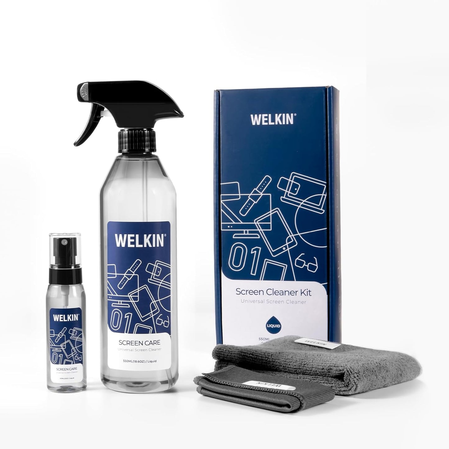 WELKIN Screen Cleaner Spray Kit (550ml + 60ml) - Cleaning Mist for TV, Laptop, Computer, Phone Touchscreen - 2 Sprayers,1 Microfiber Cloth & 1 Glass Wipe Included