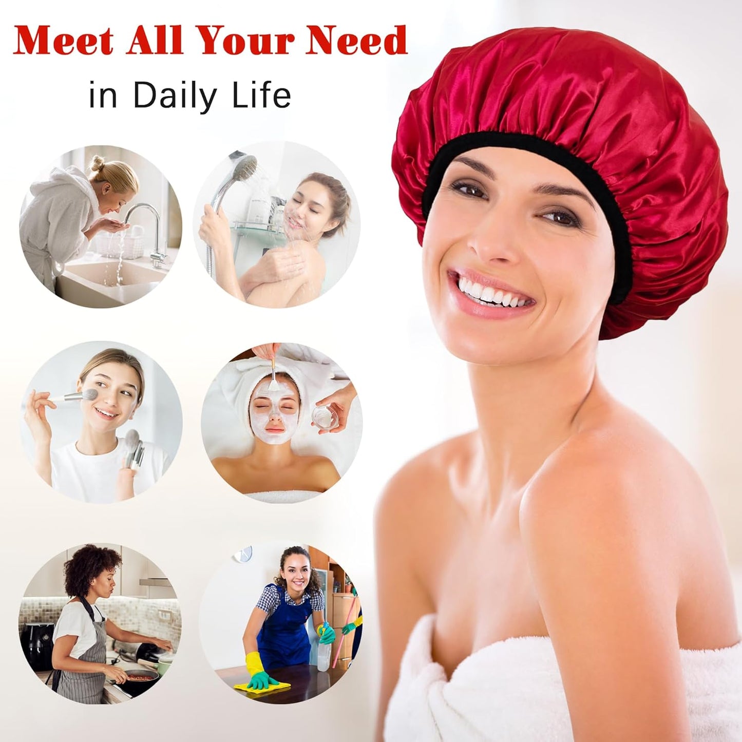 Shower Cap Reusable Waterproof, Terry Lined Shower Caps for Women, Triple Layer Hair Cap for Shower, Large Plastic Shower Cap for Braids Long Hair