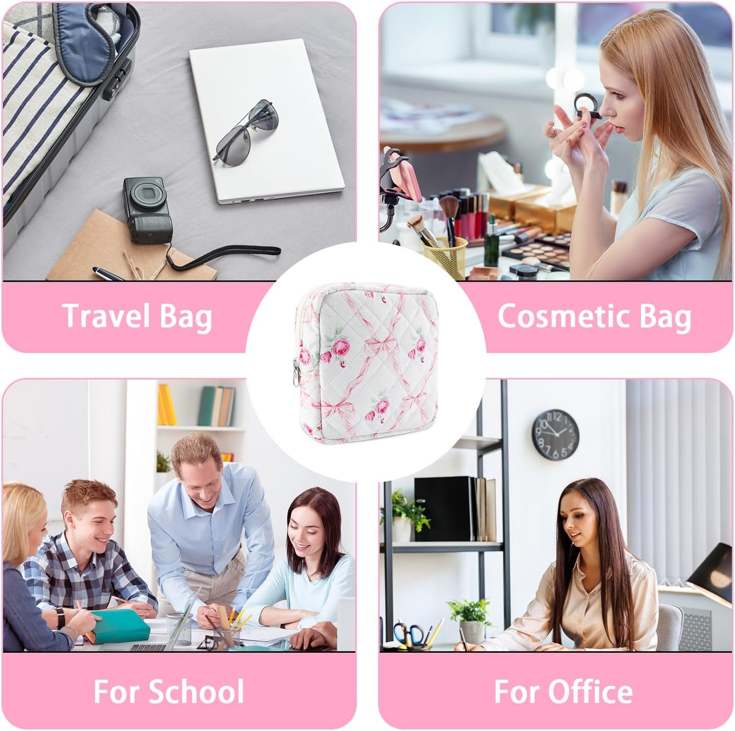 Small Quilted Cotton Makeup Bag for Purse Mini Cosmetic Period Bag for Women Cute Pink Flower Bow Makeup Sanitary Pouch Portable Travel Toiletry Bags with Zipper Slip in Pockets Birthday Gifts