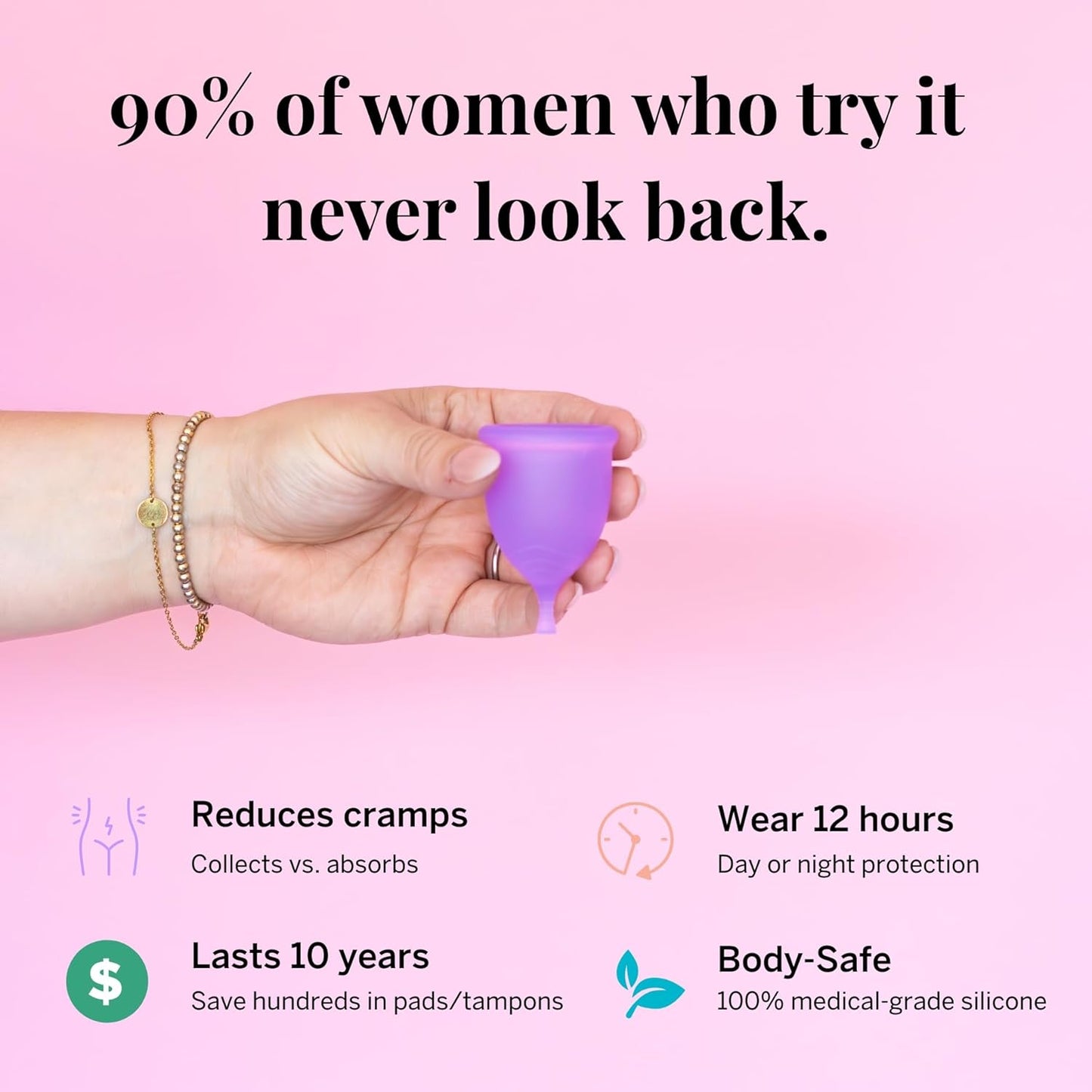 Pixie Menstrual Cup - No Metals or Toxins - Ranked 1 for The Most Soft Reusable Period Cup - Wear 12 Hours - 100% Medical-Grade Silicone - Tampon Alternative (Purple, Large)