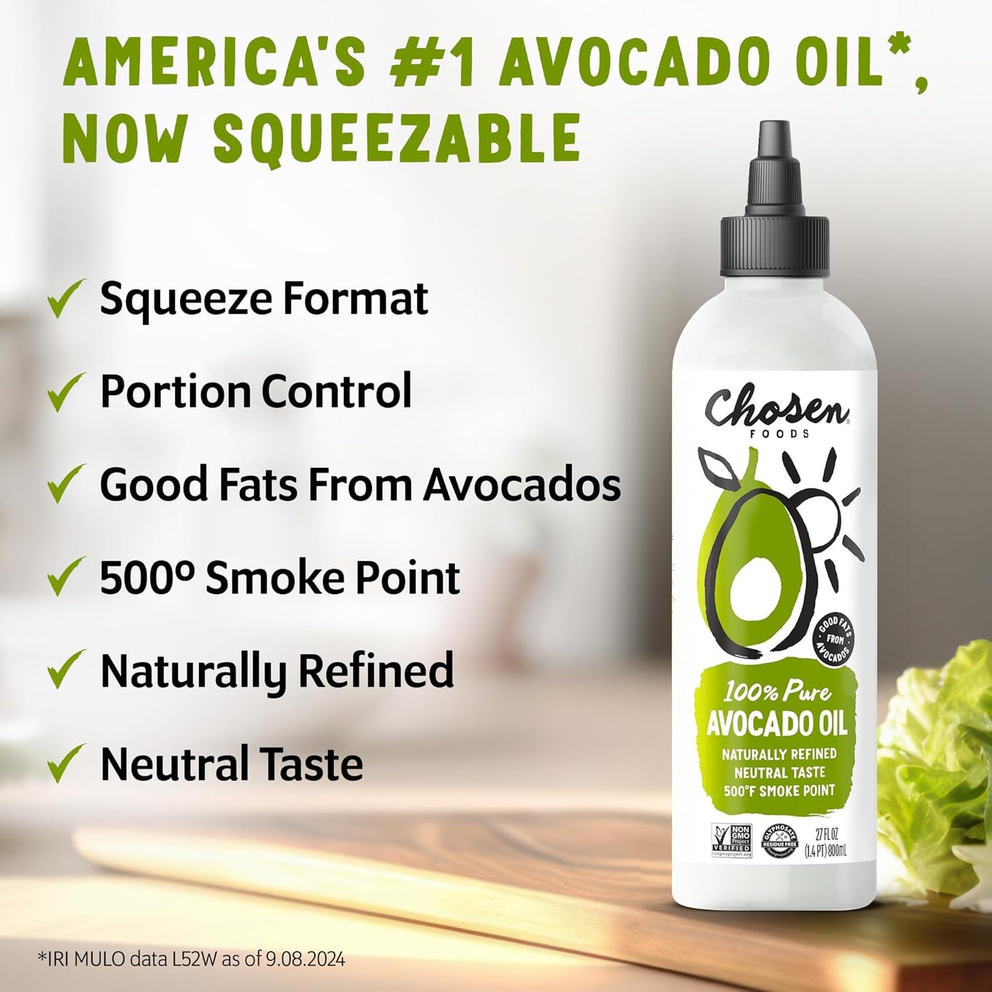 Chosen Foods 100% Pure Avocado Oil Squeeze Bottle 27oz 2-pack - For Drizzling, Sautéing, Roasting, Searing, & Baking-High Smoke Point Cooking Oil - Kosher, Keto Friendly - With Recipe eBook