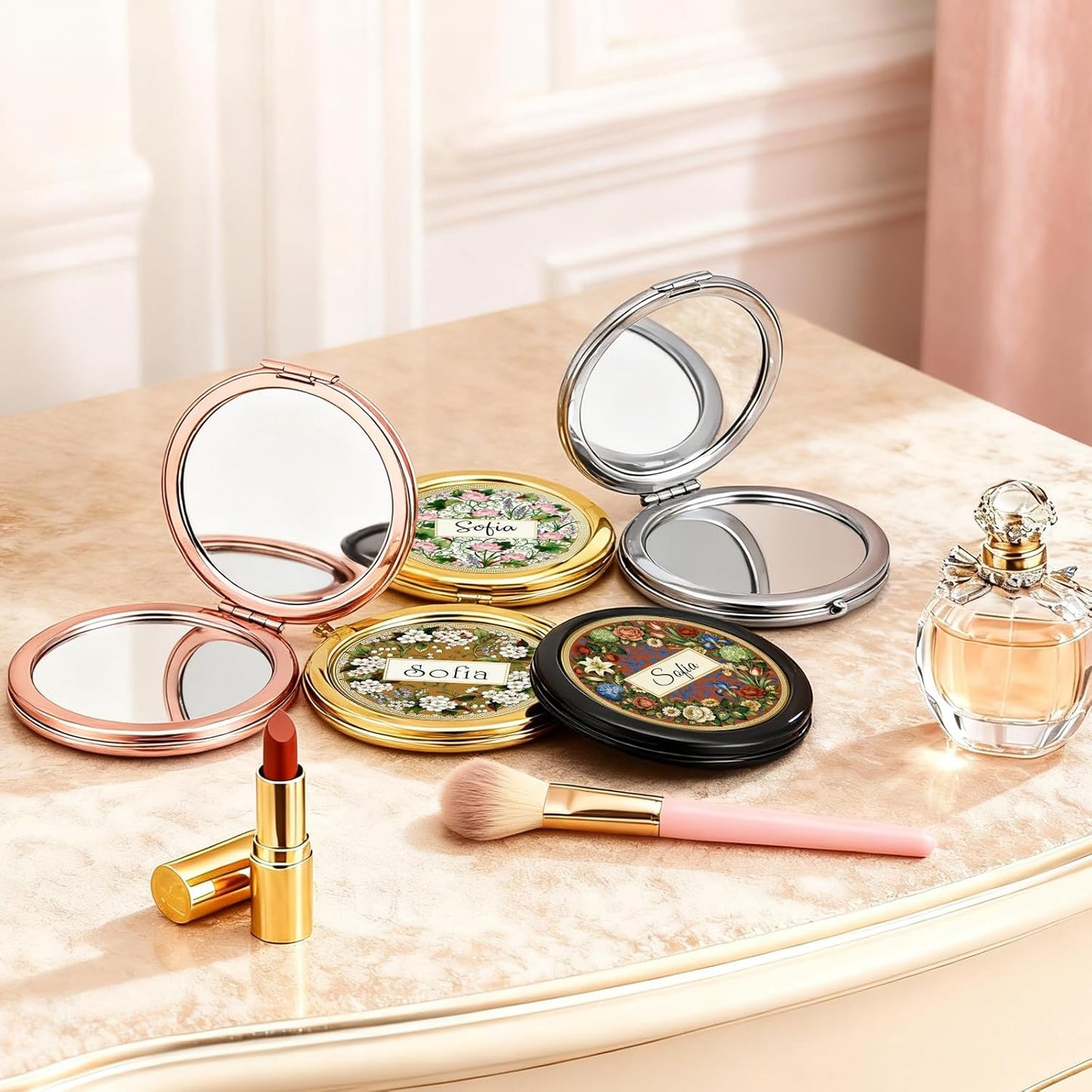 Custom Compact Mirror with Name - Personalized Flip Makeup Travel Pocket Mirror Gift for Women Bridesmaids Wedding Birthday (Classic Flower)