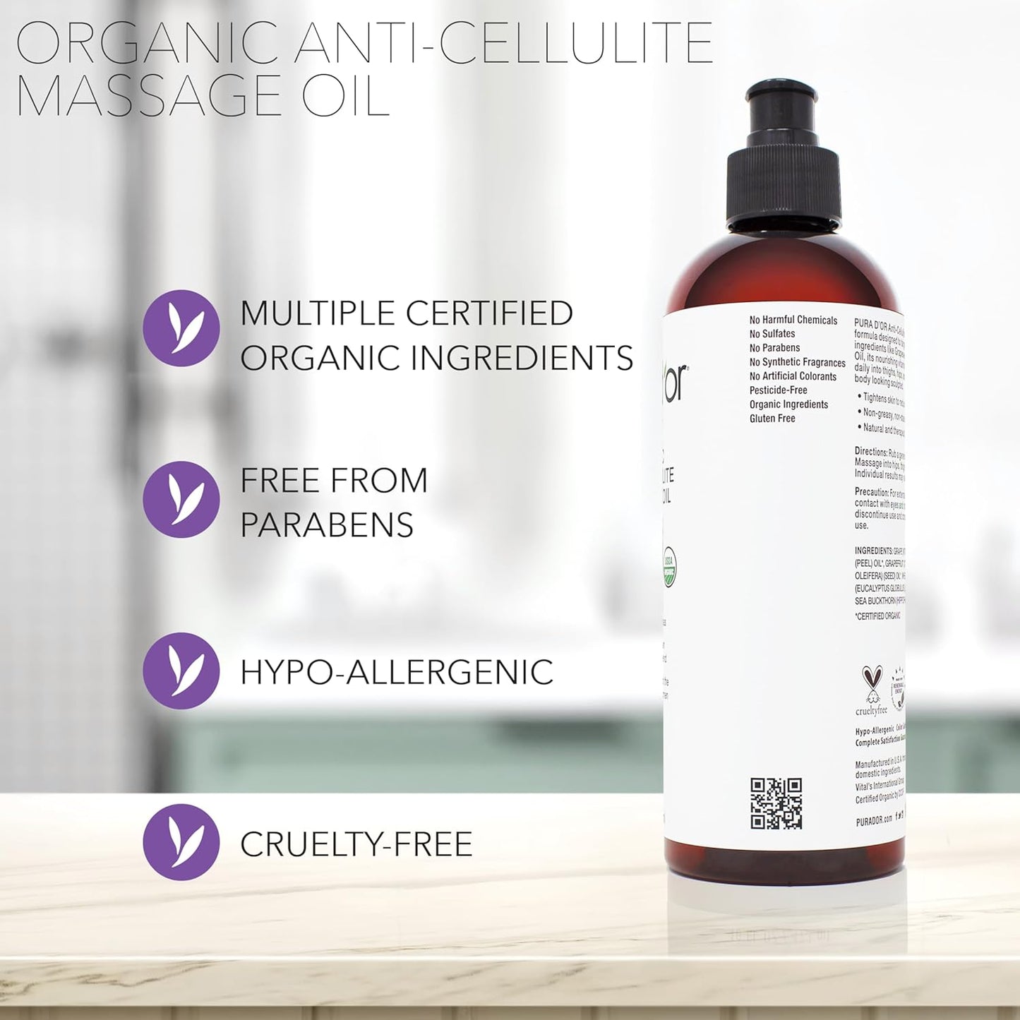 PURA D'OR 16 Oz Organic Anti-Cellulite Massage Oil - Lemon Peel, Moringa, Grape Seed, Grapefruit & Eucalyptus Oils - Skin Firming & Tightening for Active Individuals & Aging Adults