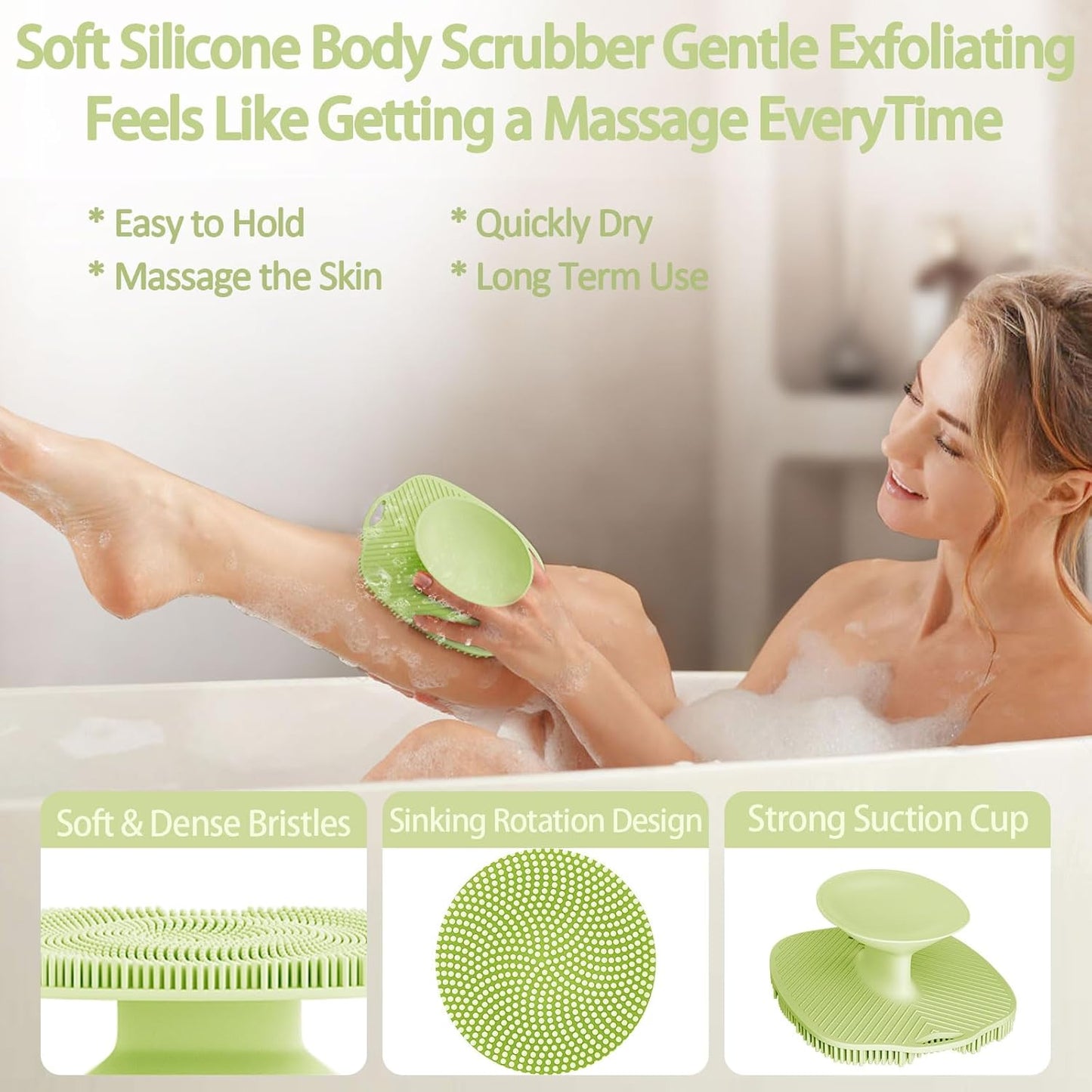 Soft Silicone Body Scrubber, Gentle Like a Hand Exfoliating Your Skin and Build Up Lather Easily, Back Large Suction Cup Easy to Store, Long-Lasting & Deep Clean (Green
