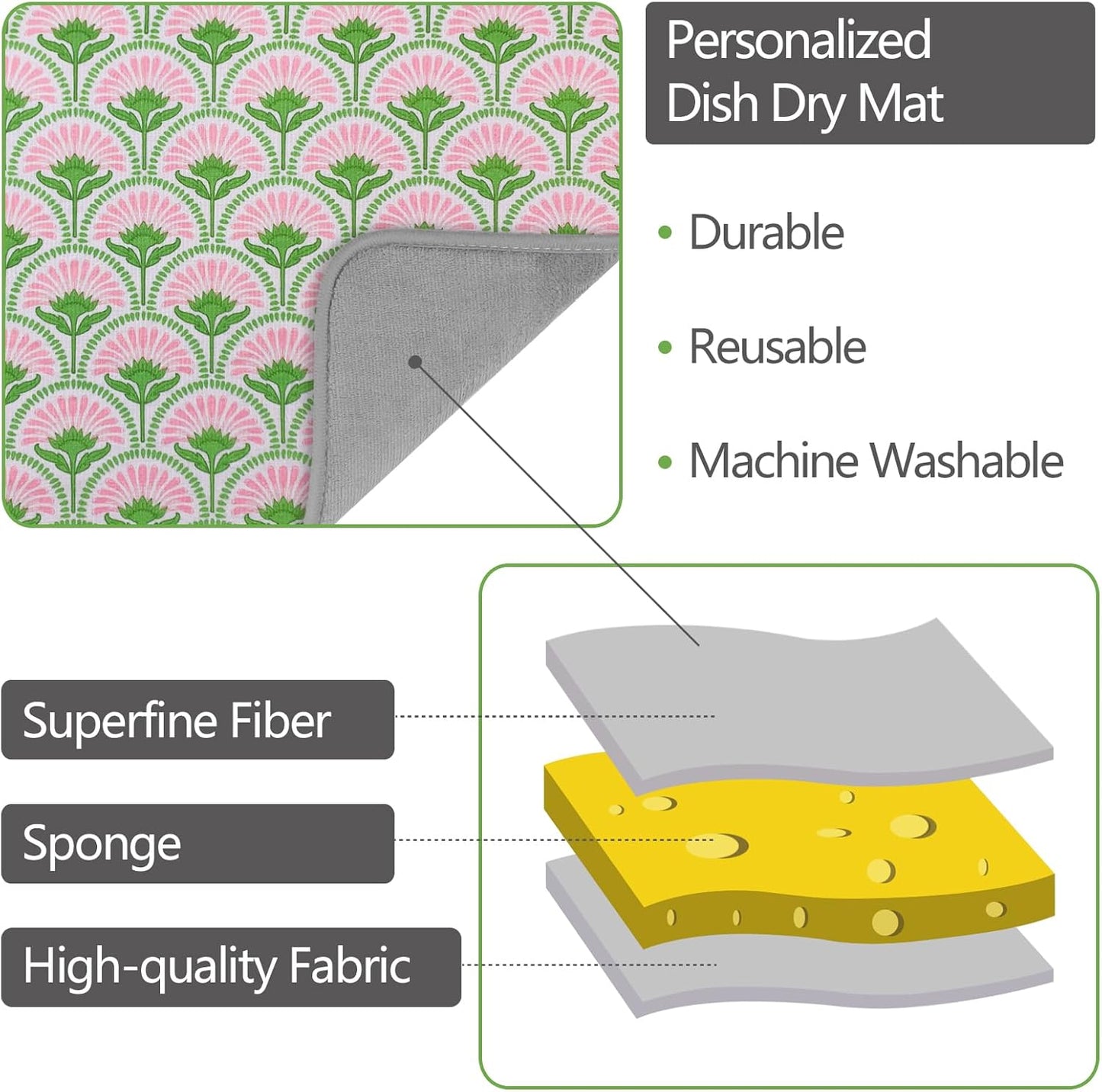 SHIYUE Dish Drying Mat for Kitchen Counter Super Absorbent Spring Kitchen Decor Microfiber Drying Matainers Rack Fast Pad Dish Drainer Mats(Bohe Flower,16''x18'')