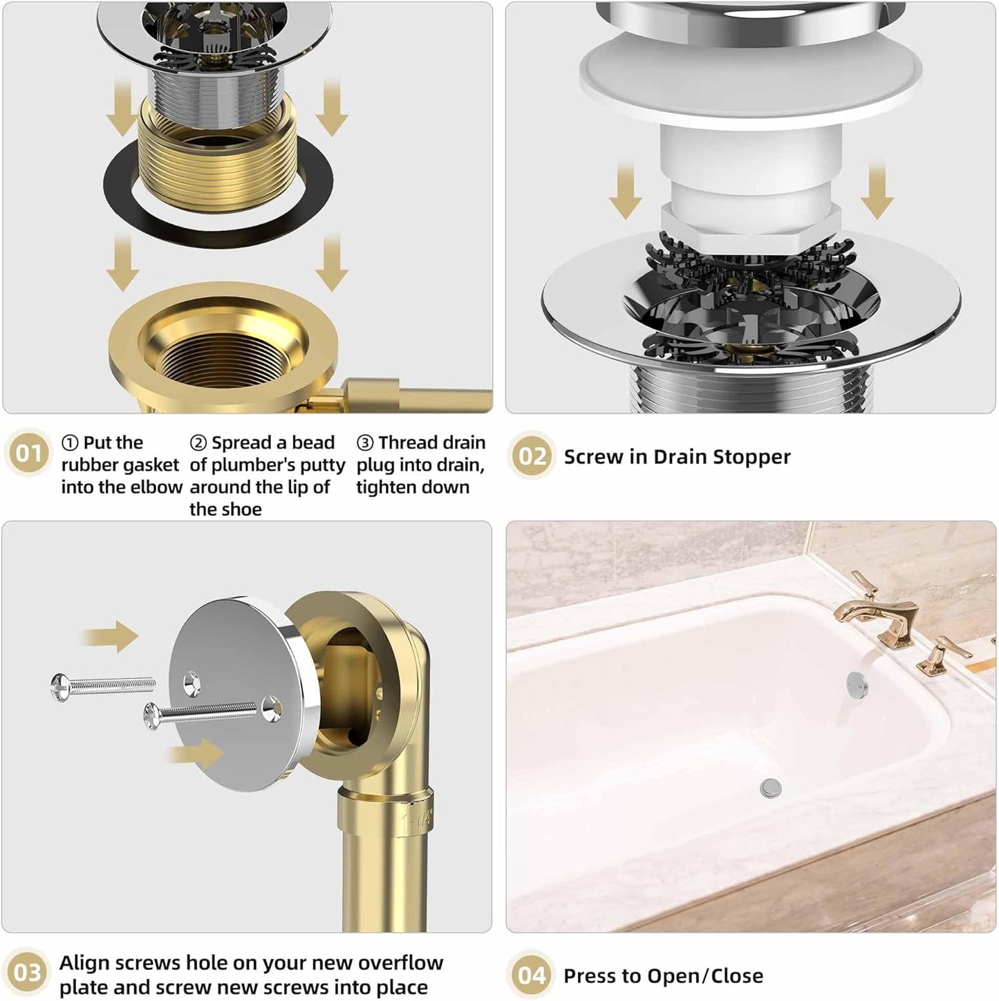 Chrome Plated Tub Drain Kit with Hair Catcher, Premium Brass Tip-Toe Bathroom Tub Drain Replacement and 2-Hole Overflow Faceplate, 11.5/16 UNC Bathtub Drain Stopper Assembly