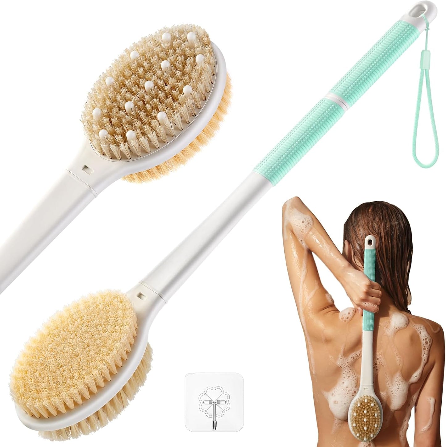 Shower Brush for Massage Dry Brushing: Back Scrubber for Shower with 18.1 in Anti Slip Long Handle - Bath Body Brush for Lymphatic Drainage Exfoliator Improving Skin Health for Women Men Elderly Green
