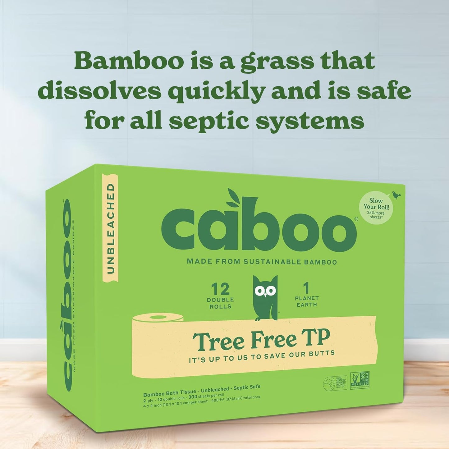 Caboo Tree Free Unbleached Toilet Paper | Plastic Free Packaging, Septic Safe, Eco Friendly, Chemical Free, Non Toxic | 2 Ply Toilet Tissue, Pack of 12 Double Rolls, 300 Sheets Per Roll