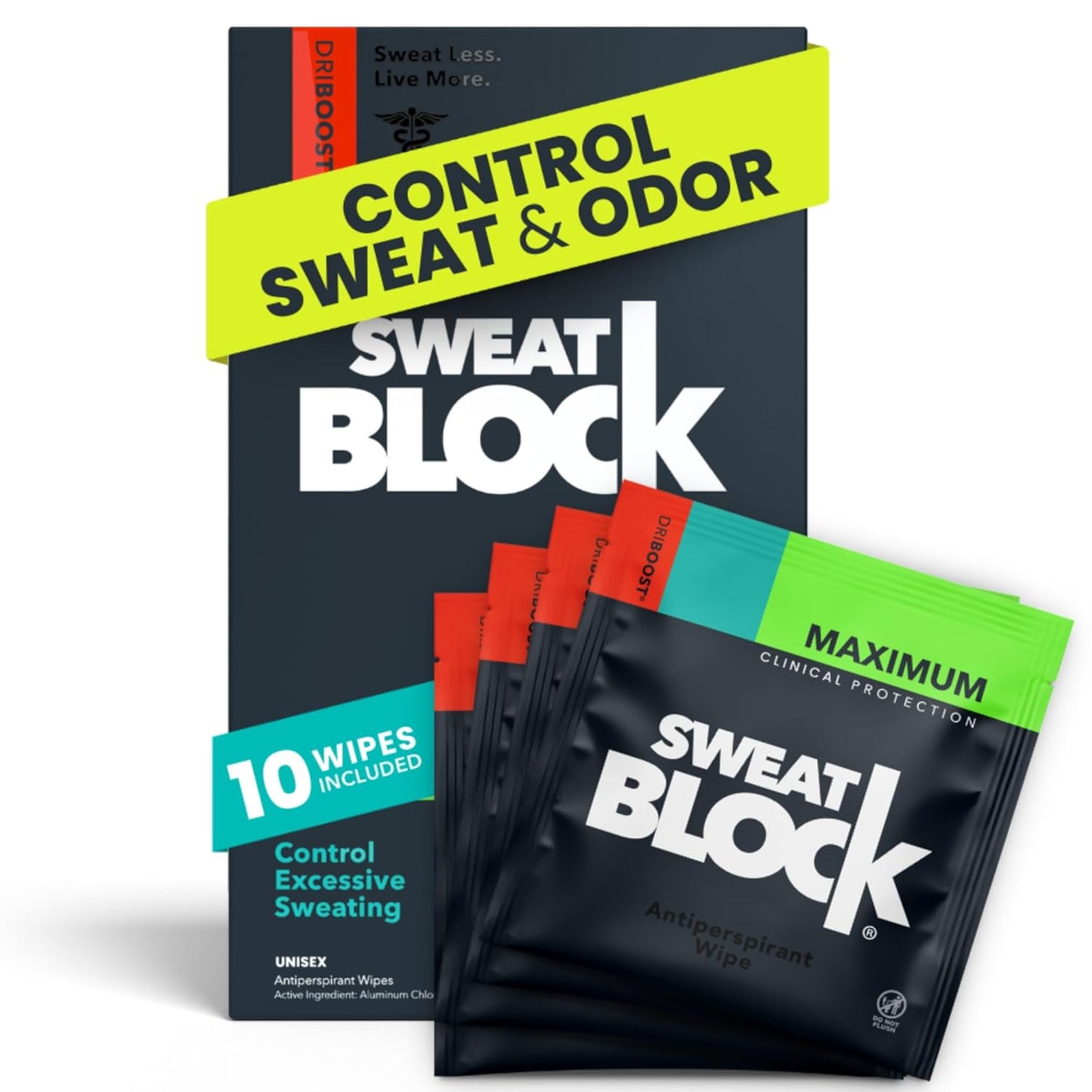 SweatBlock Clinical Strength Antiperspirant Wipes for Men Women Excessive Sweat Protection Hyperhidrosis Treatment Stops Underarm Perspiration Up to 7 Days Includes 10 Individually Wrapped Sweat Wipes
