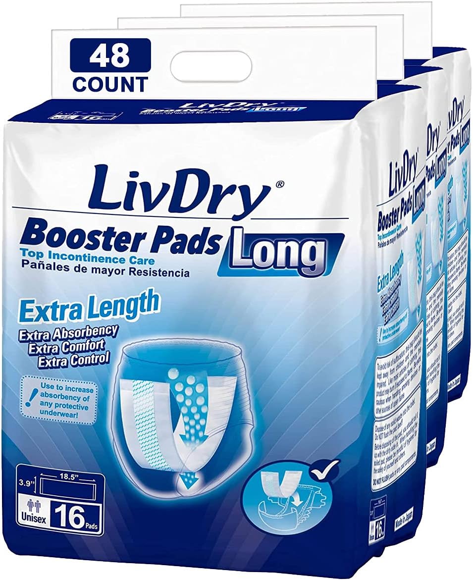 Incontinence Booster Pads by LivDry | Extra Absorbent Protection for Adults, Unisex | Disposable Comfortable Pad (48 Count, Long Length)
