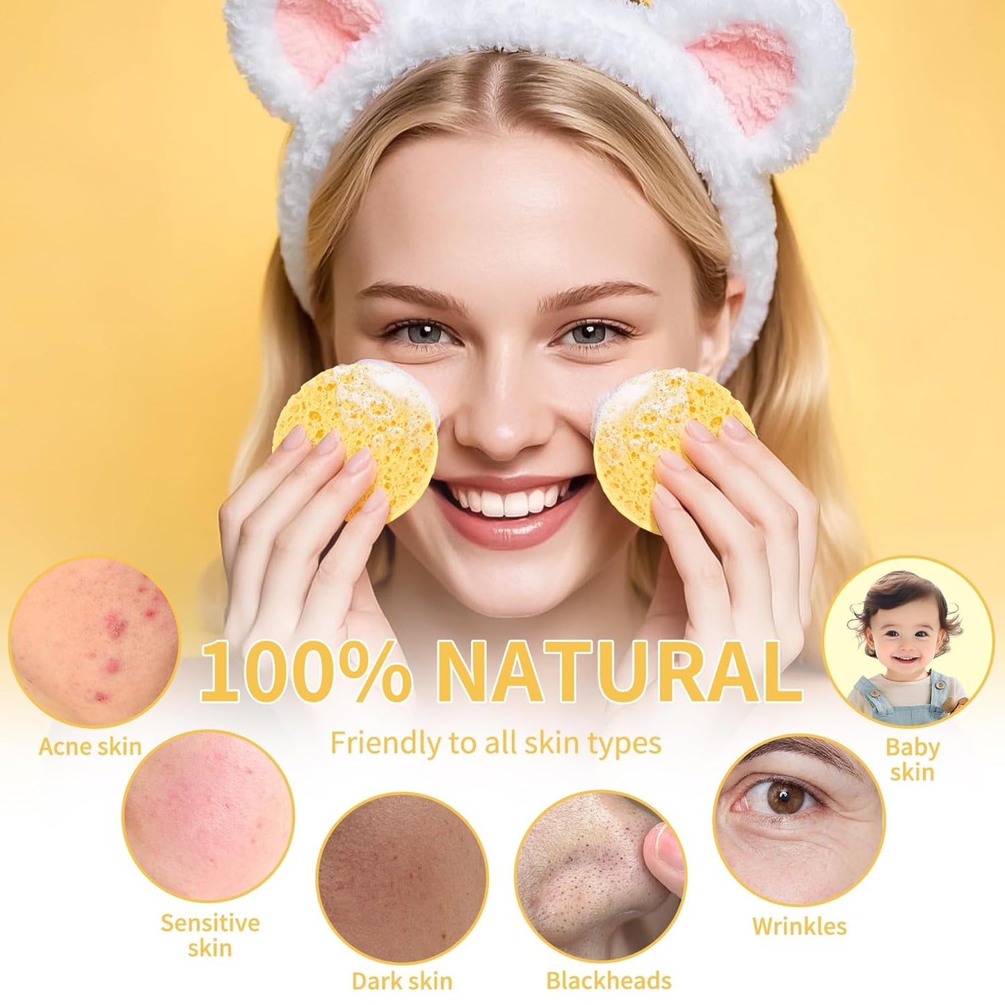 100-Count Compressed Facial Sponges, Natural Cosmetic Spa Sponges for Facial Cleansing, Exfoliating Mask, Makeup Remover, Travel Face Sponges - Yellow