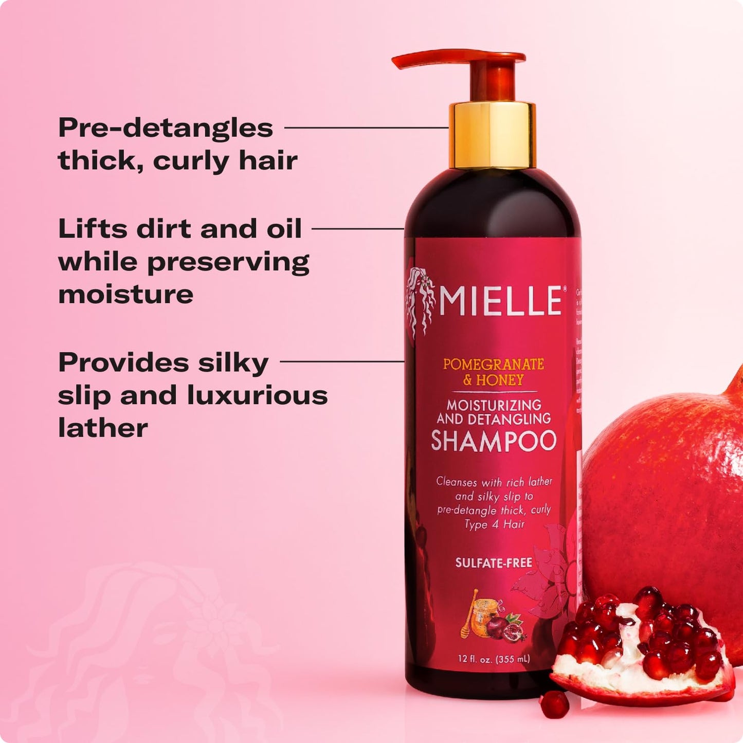 Mielle Organics Pomegranate Honey Shampoo & Leave-In Conditioner for Thick, Curly Type 4 Hair, Moisturizing Curl Primer, and Detangler, Prevents Frizz, for Damaged Hair, Easy to Apply