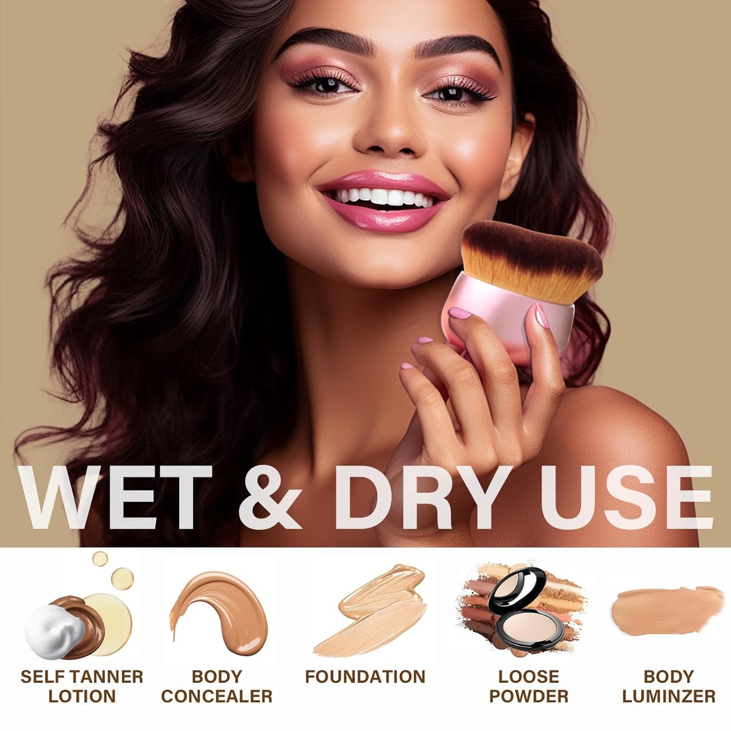 Extra Large Body Makeup Brush For Self Tanner, Leg Makeup &Bronzer Blend,75 mm Wide-headed Kabuki Brush Provides More Even &Pretty Application, Oval Face&Back Makeup Brush, Wet&Dry Use- Pink Rose Gold