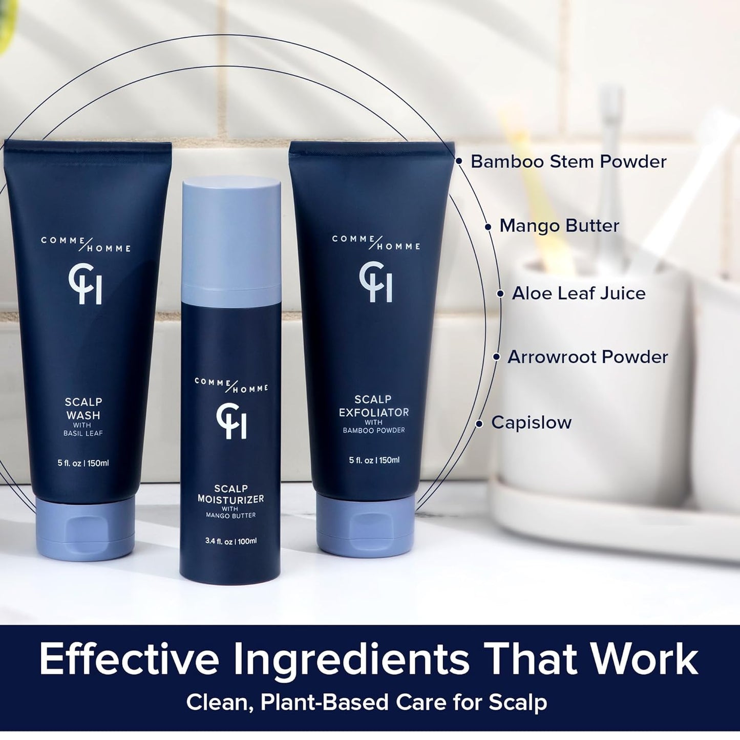 Comme Homme Ultimate Scalp Care Bundle for Bald Men | 3-Step Routine with Scalp Wash, Exfoliator & Moisturizer | Deep Cleanse, 24-Hour Moisture & Skin Protection | Free Toiletry Bag Included