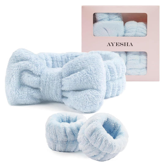 Ayesha Blue Spa Headband and Wristband Set for Skincare Makeup Headband Wrist Cuffs for Washing Face Bubble Skincare Hairband for Women Girls (Blue set)