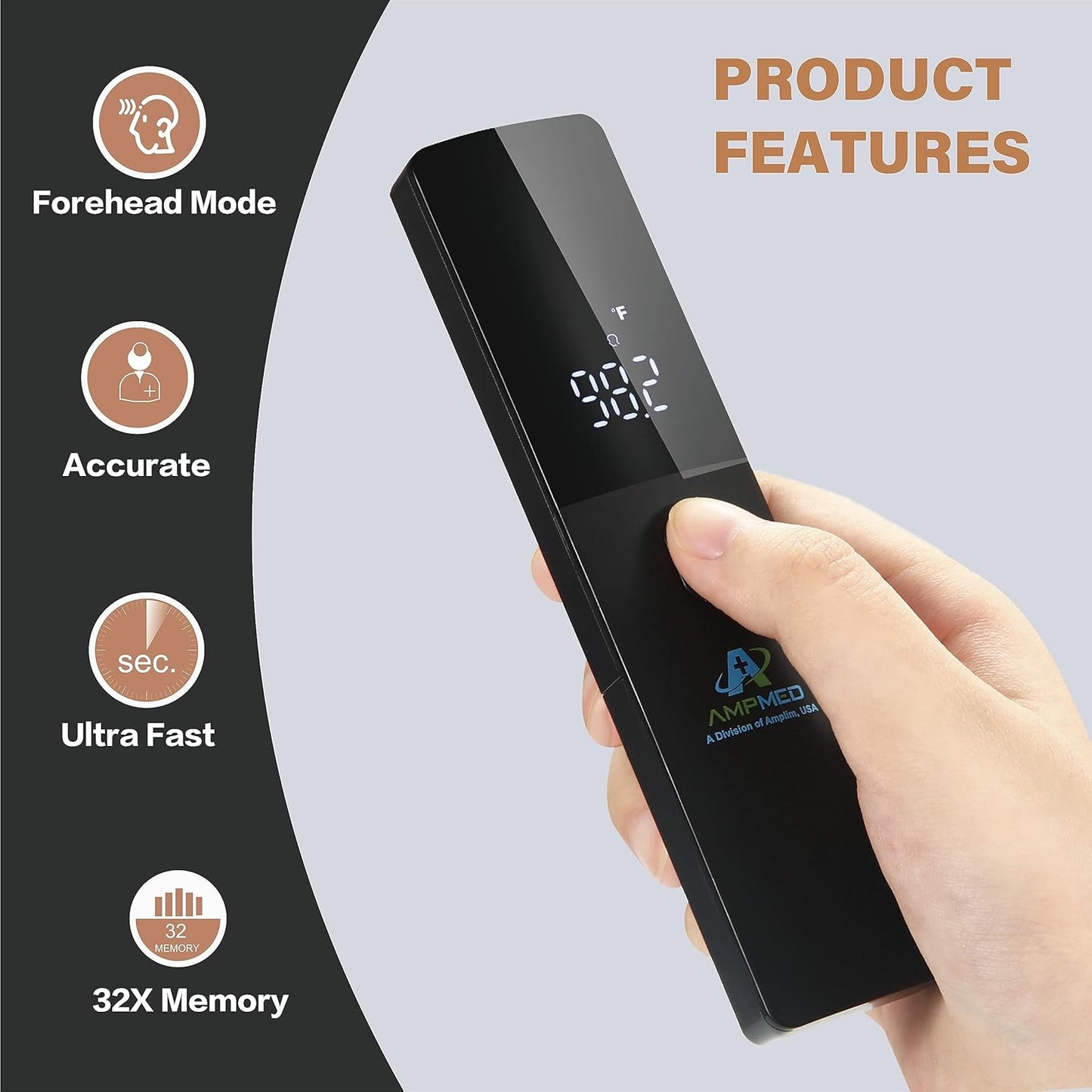 Amplim No-Touch Forehead Thermometer for Adults and Kids, Non-Contact Digital Baby Thermometer for Infants/Newborns. Medical Grade Touchless Temporal Temperature for Fever