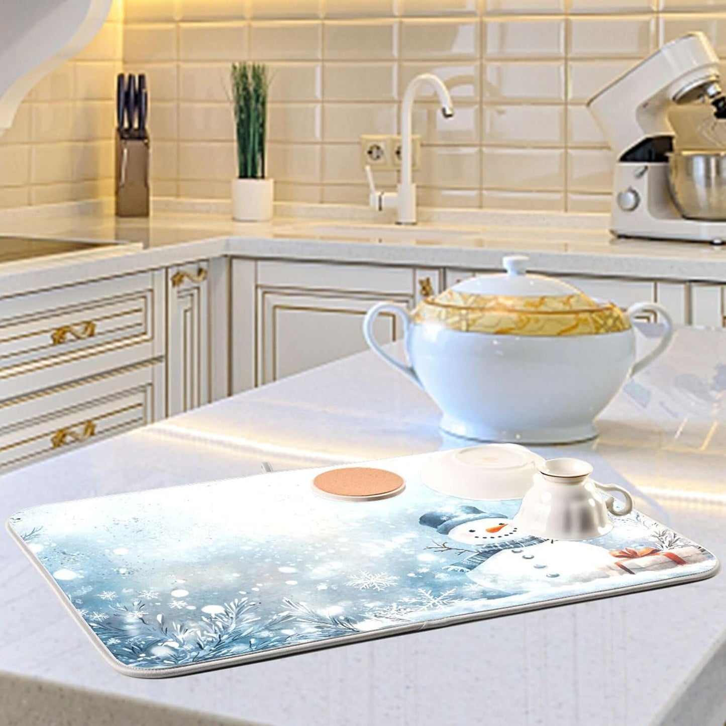 Winter Snowman Silver Dish Drying Mat for Kitchen Countertop 16x18 Christmas Snowflake White Xmas Small Drying Mat Reusable Quick Dry Dish Sink Mats Easy Clean Decorative Essentials