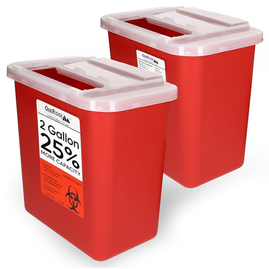 Oakridge Products Large Sharps Container for Home Use and Professional 2 Gallon (2-Pack) with Sliding Top, Biohazard Needle and Syringe Disposal, CDC Certified