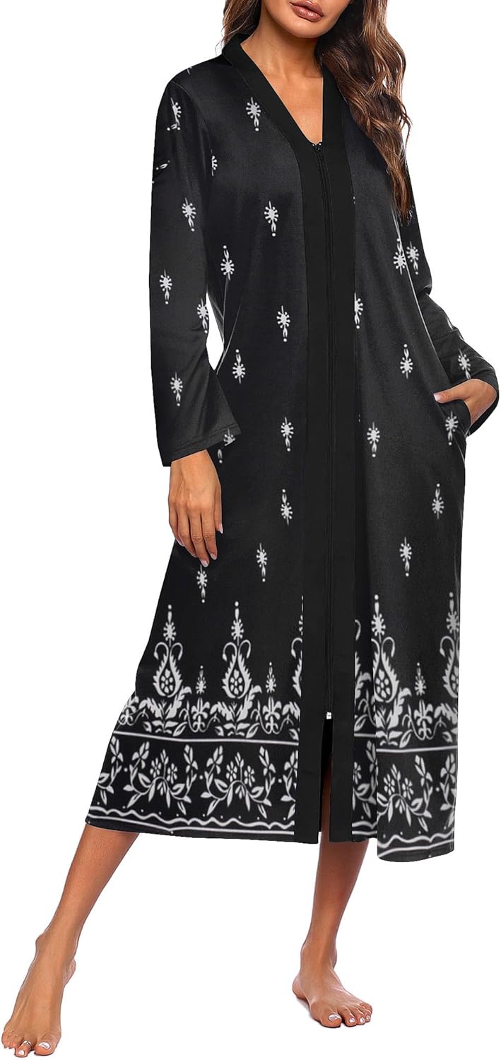 Ekouaer Women Zipper Robe Long Sleeve Loungewear Lightweight Housecoat Full Length Nightgown with Pockets
