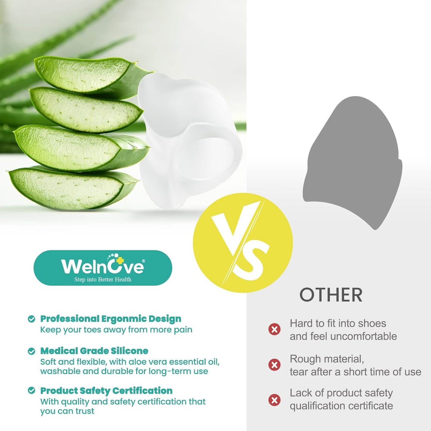 Welnove Gel Toe Separators - 10 Pack Toe Spacers with Aloe Vera Extract for Overlapping Toes, Bunions, Big Toe Alignment, Bunion Relief - Soft Silicone Toe Corrector for Men Women FSA or HSA Eligible