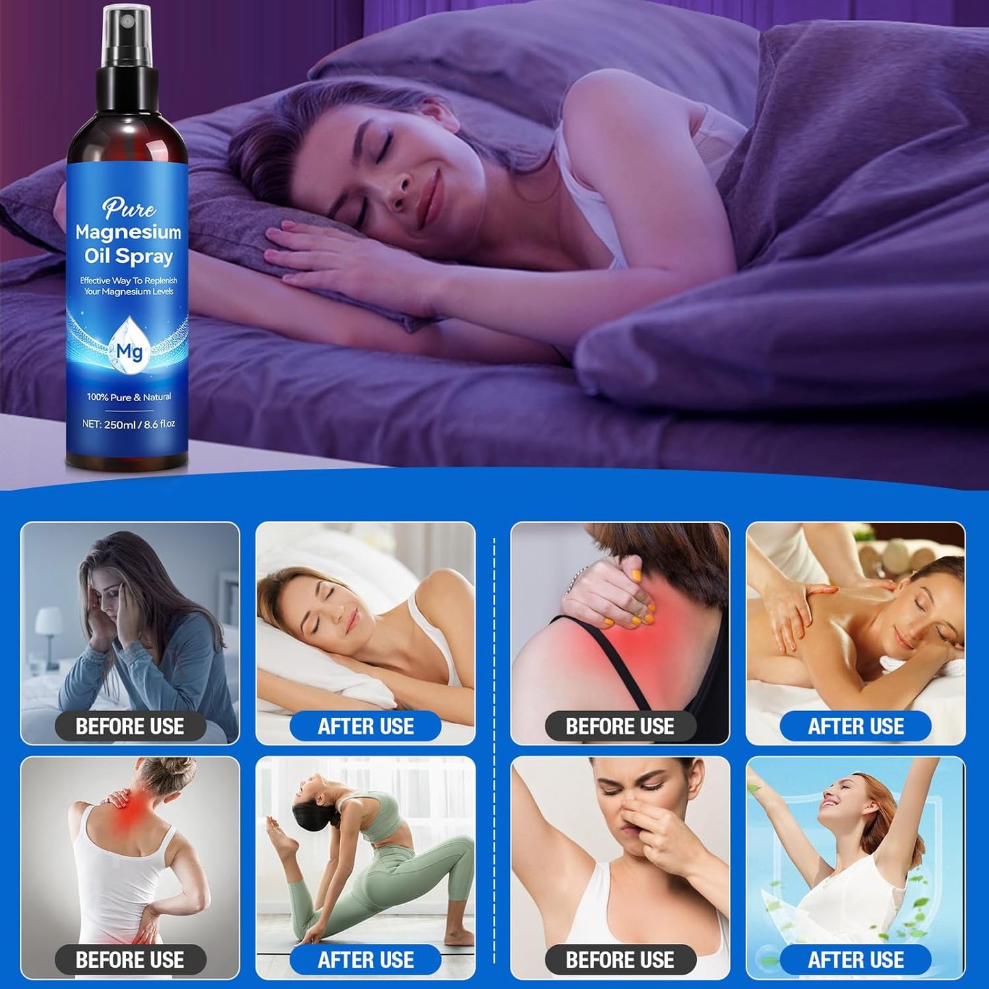 Magnesium Oil Spray 8.6Fl Oz, Pure Magnesium Spray for Feet, Body and Skin, Topical Mg Oil, Easy to Absorb