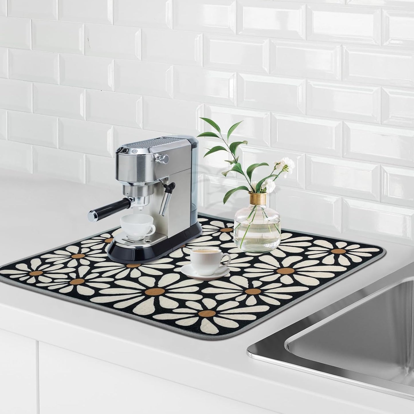 SHIYUE Dish Drying Mat for Kitchen Counter Super Absorbent Spring Kitchen Decor Microfiber Drying Matainers Rack Fast Pad Dish Drainer Mats(Black Flower,18''x24'')