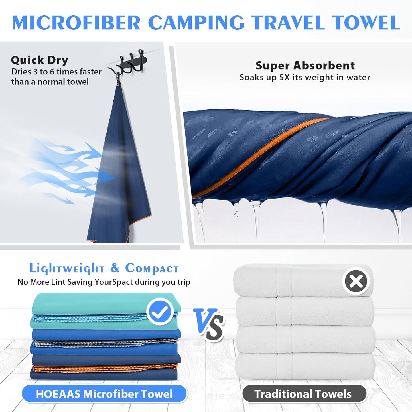 HOEAAS 2 Pack Microfiber Camping Towels, Quick Dry Towel, Super Absorbent Ultra Compact Travel Towel Soft Lightweight Sports Towel for Sweat Fast Drying Towels for Pool,Gym,Hiking,Backpacking,Fitness