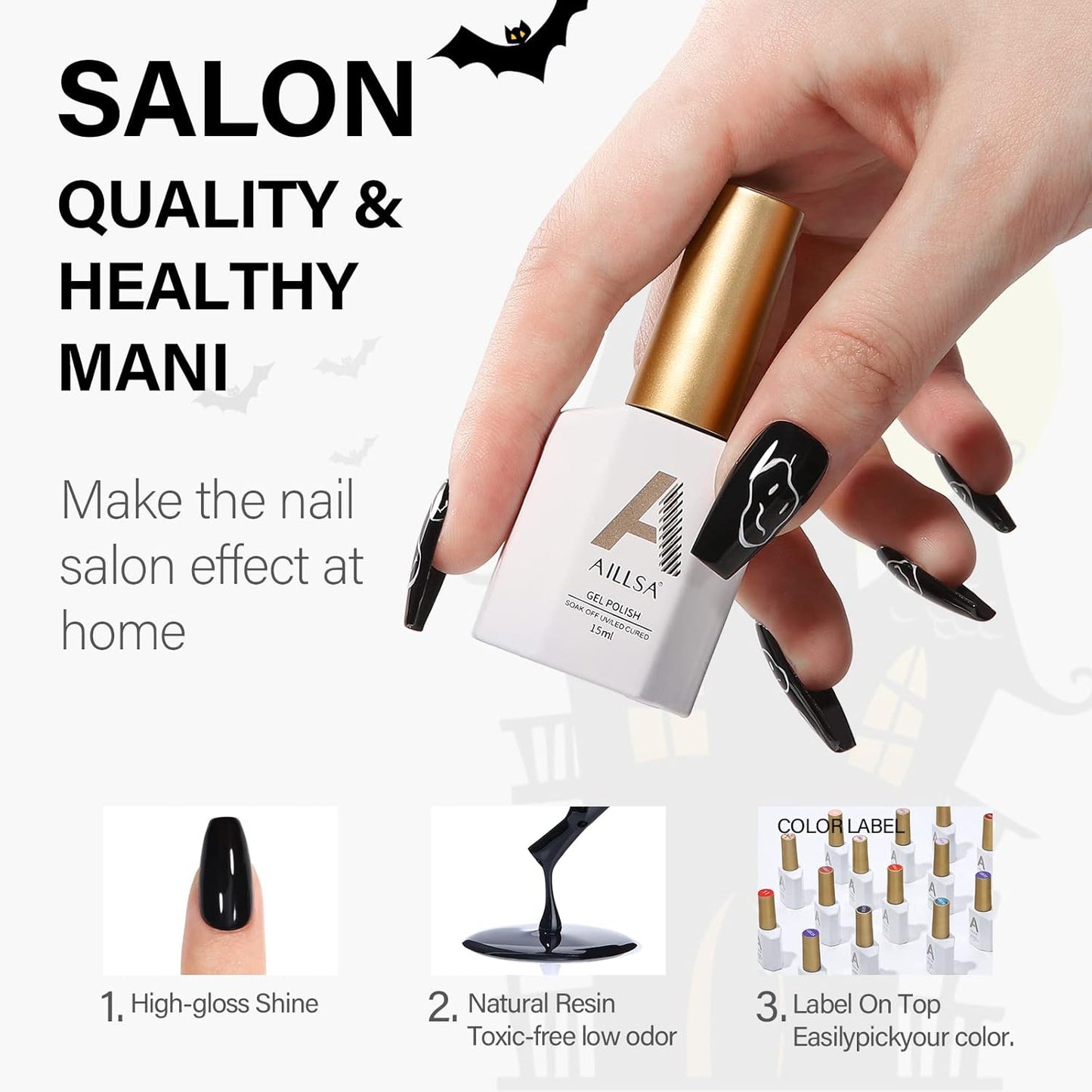 AILLSA Black Gel Nail Polish Coal Color Gel Polish Long Lasting Pure Dark Opaque Nail Polish High Glossy Soak Off U V Gels Nails Ink Black Gels Polish for Nail Art & Home Salon 0.51 Fl Oz