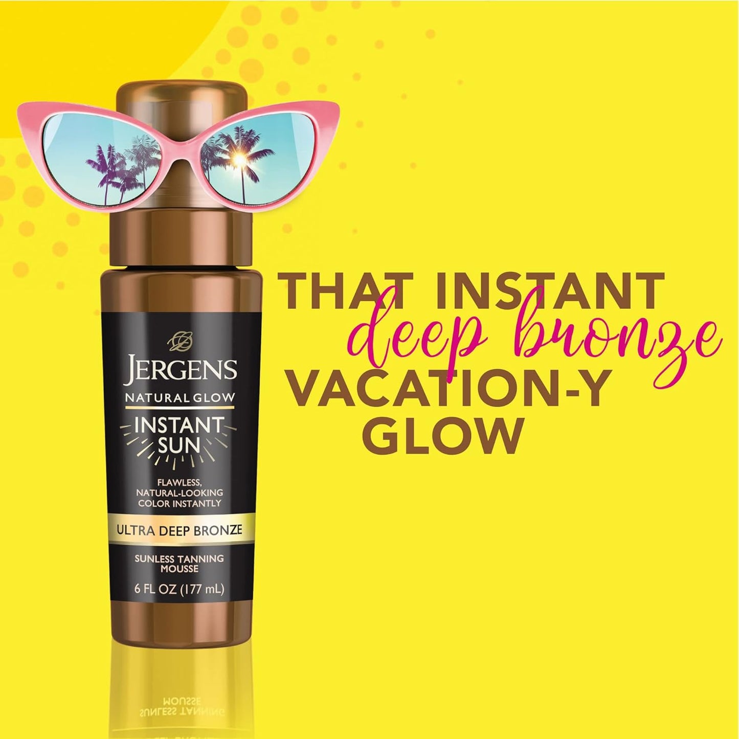 Jergens Natural Glow Instant Sun Body Mousse, Self Tanner for Ultra Deep Bronze Tan, Sunless Tanning Body Bronzer, Natural Looking Fake Tan, 6 Oz, Pack of 2