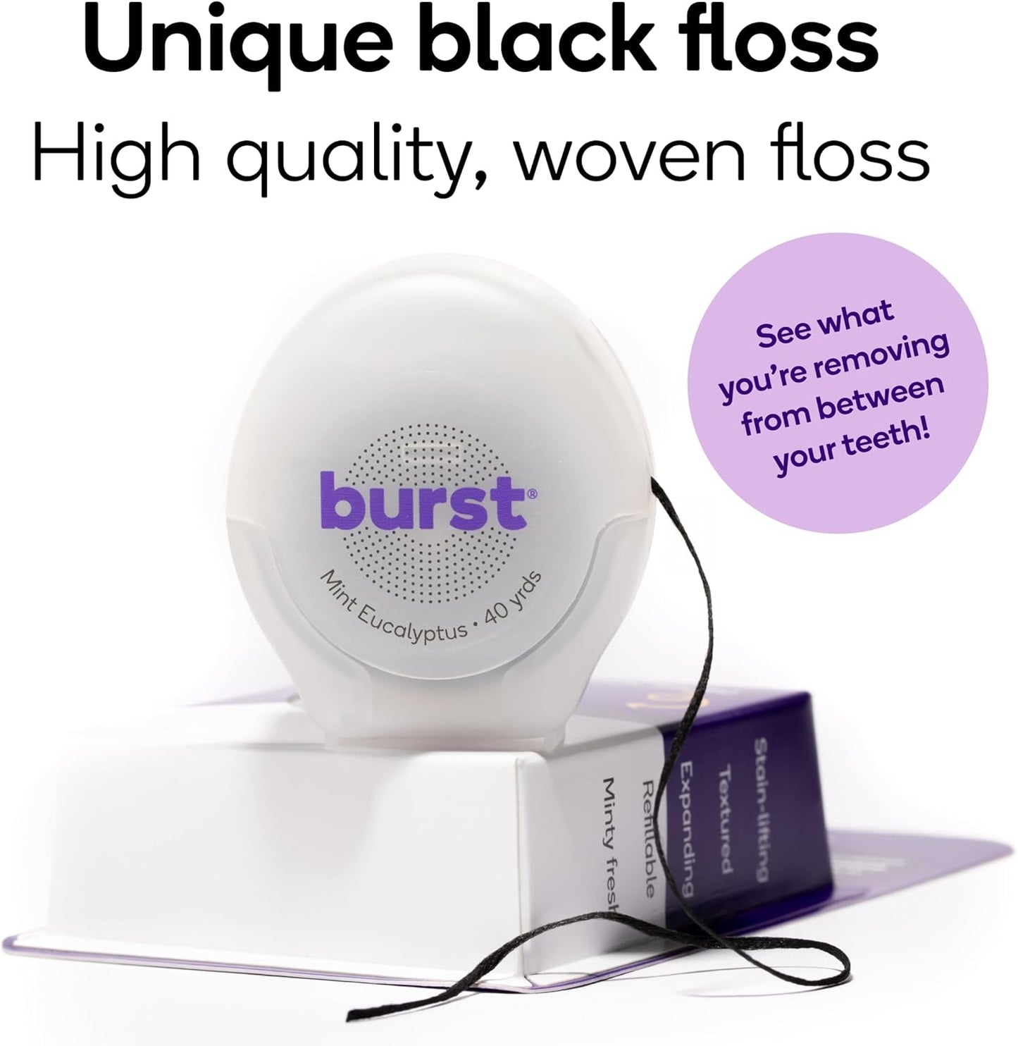 BURST Expanding Dental Floss (Mint Eucalyptus/40 Yards) | Stain Absorbing & Woven with Xylitol Coating to Fight Cavities | Vegan | Paraben Free