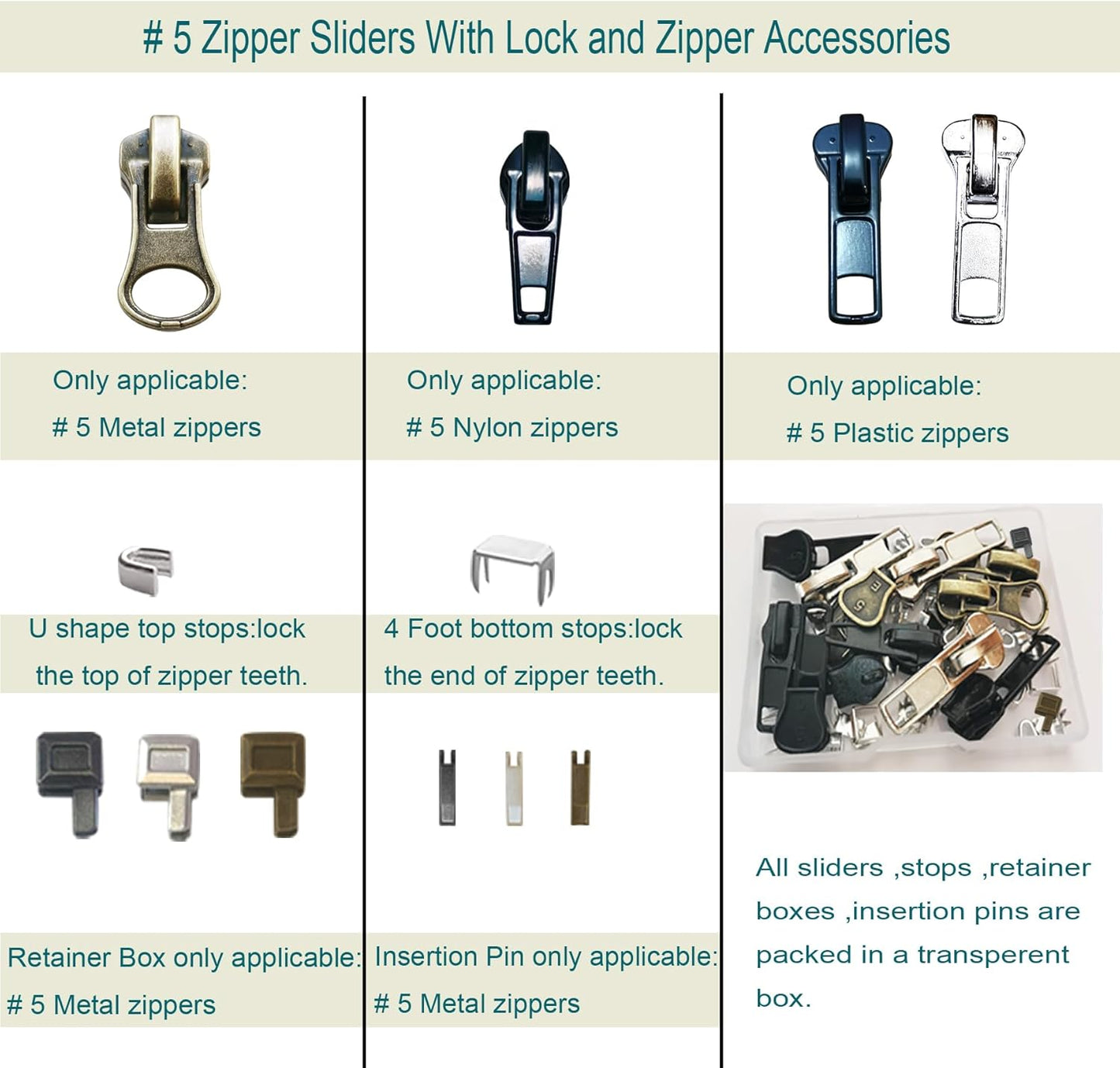 Zipper Repair Kit 39 Pcs, #5 Sliders with Pull, Metal Zippers Retainer Box,Insertion Pin 6 Sets, Replacement Zip Bottom/Top Stop, Metal, Plastic, Nylon Coil Zippers Head FIx on Jaceket