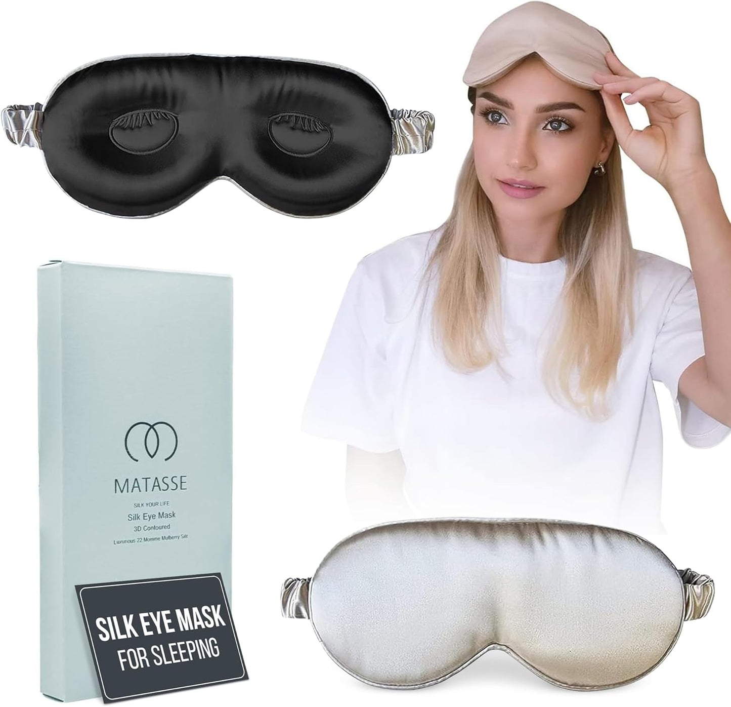 MATASSE Silk Eye Mask for Sleeping with Adjustable Elastic Band - 3D Contoured, Eye Cover Sleep Mask w/Genuine Mulberry Silk Including The Strap for Women, Men (Champagne/Black)