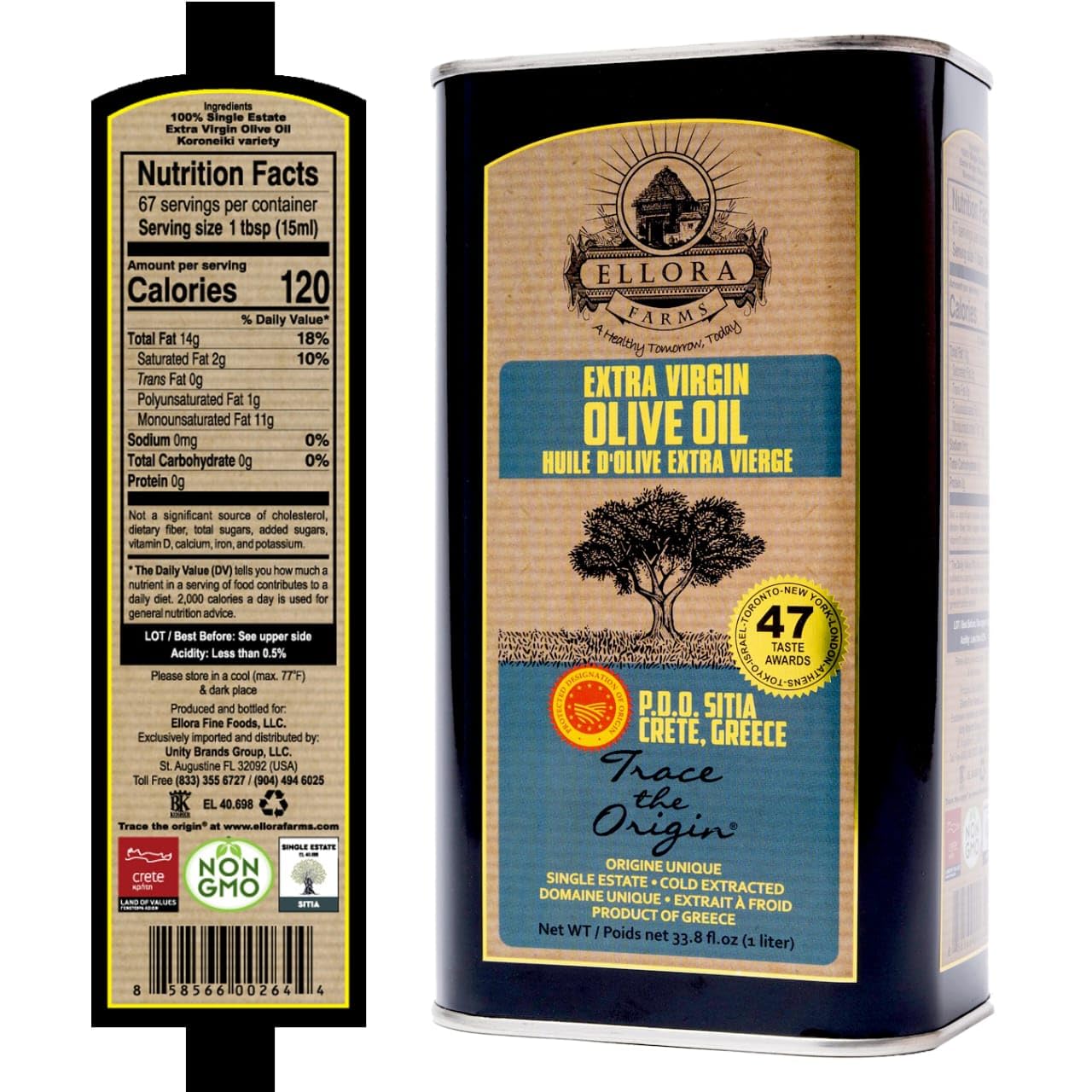 Ellora Farms, Certified PDO Extra Virgin Olive Oil, Single Estate, Single Origin, Single Variety, Cold Press & Traceable Olive Oil, Crete, Greece, Kosher SITIA 33.8 Fl Oz (Pack of 2)