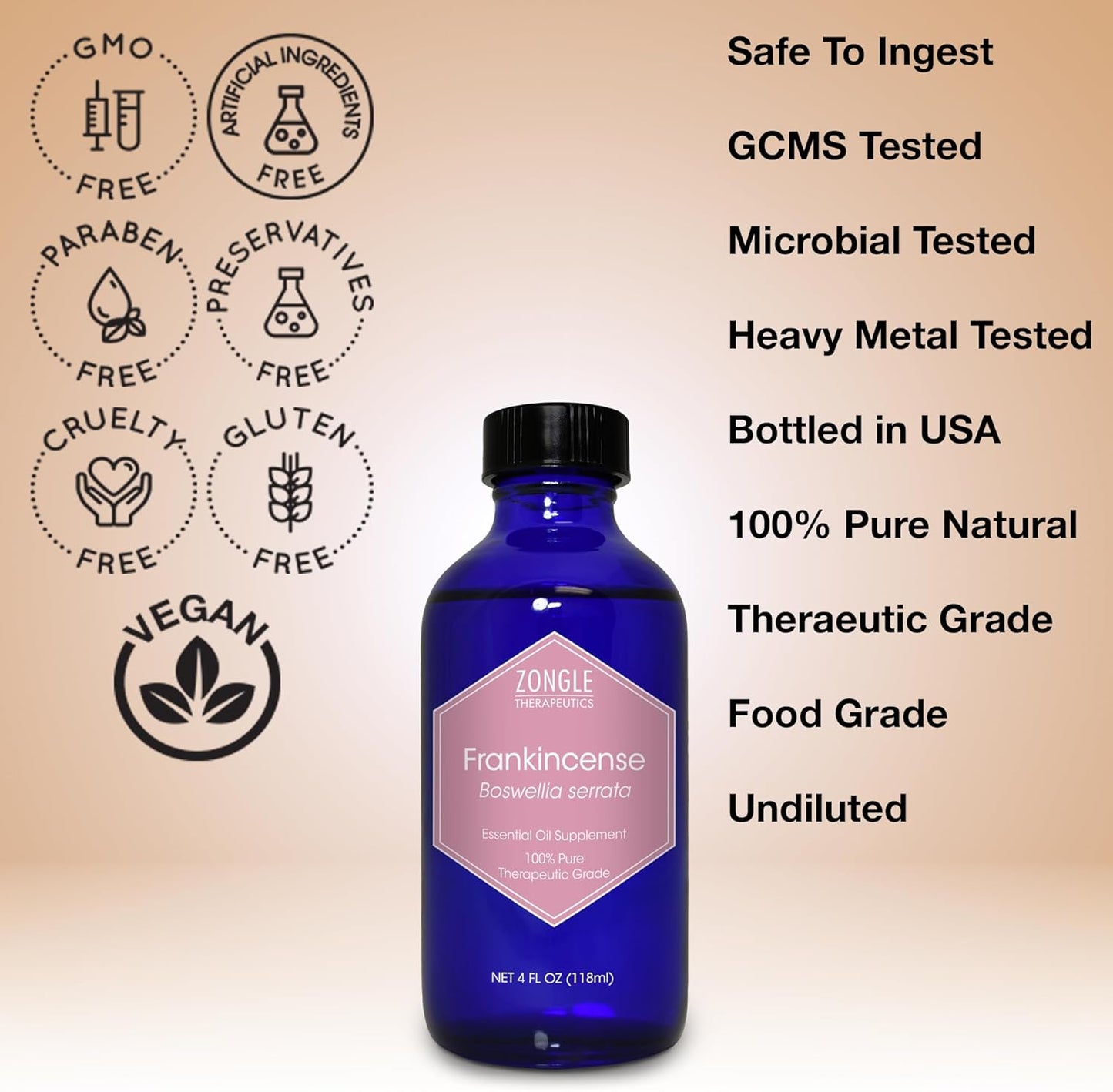 Frankincense Essential Oil, Food Grade, for Face – 100% Pure, Frankincense, Resin, Oil, Boswellia Serrata, Edible, by Zongle Therapeutics, 4 OZ