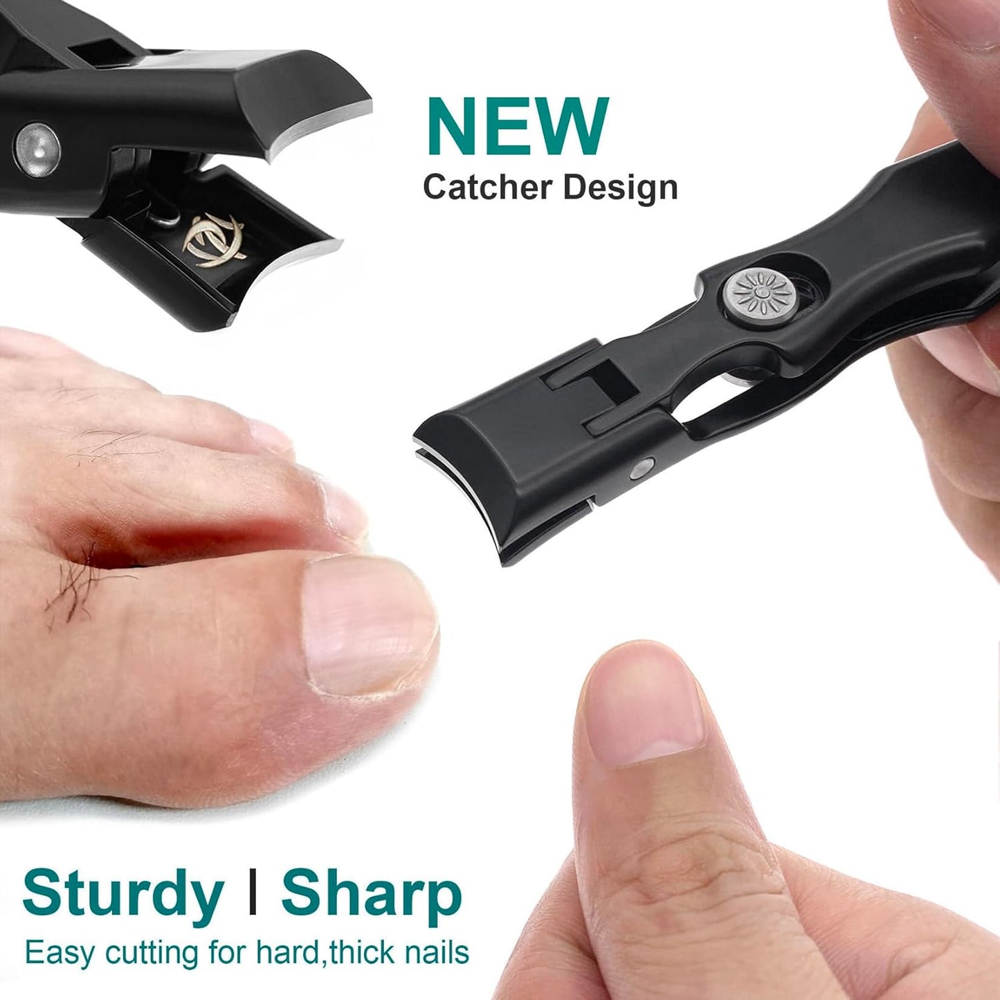 Nail Clippers for Men & Seniors Thick Toenails and Fingernail - Wide Jaw Opening Portable Ultra Sharp Finger Nail Clippers with Catcher, Heavy Duty Stainless Steel, Black Set
