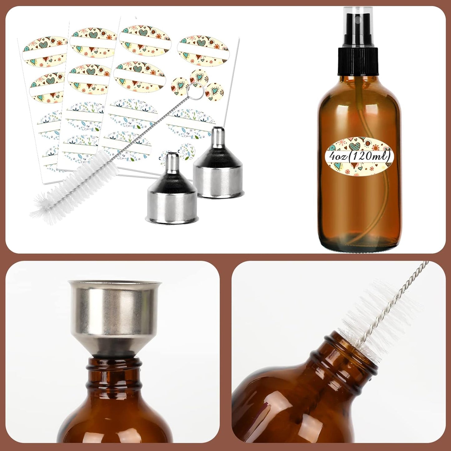 CycleMore 120ml 16Pcs 4oz Amber Glass Spray Bottles with Fine Mist Sprayers, Glass Travel Bottles for Cosmetic Essential Oils Cleaning Solutions Perfumes & More Liquids Ideal for Mother & Friends