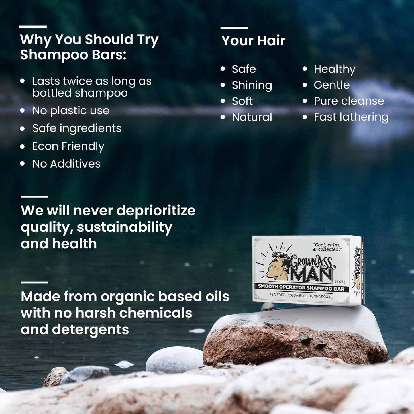 Grown Ass Man Co. - Solid Shampoo Bar Rich Lather 3 in 1: Hair, Beard & Body Wash - Plastic Free & Eco-Friendly, Natural & Organic Clean for All Hair Types, 4oz Bar (Smooth Operator, 3-Pack)