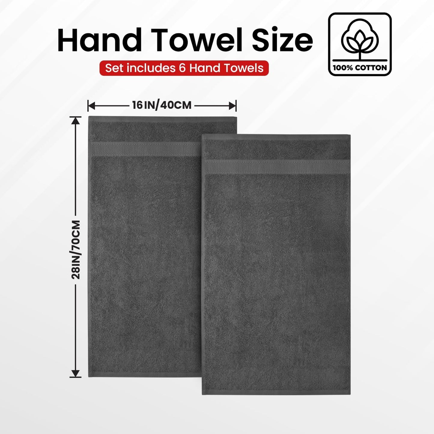 Infinitee Xclusives Dark Grey Hand Towels for Bathroom - Set of 6 (16x28 inches) 600 GSM, 100% Cotton Ultra Soft, Quick Drying, Hotel Quality Hand Towel Set (Shadow Grey)