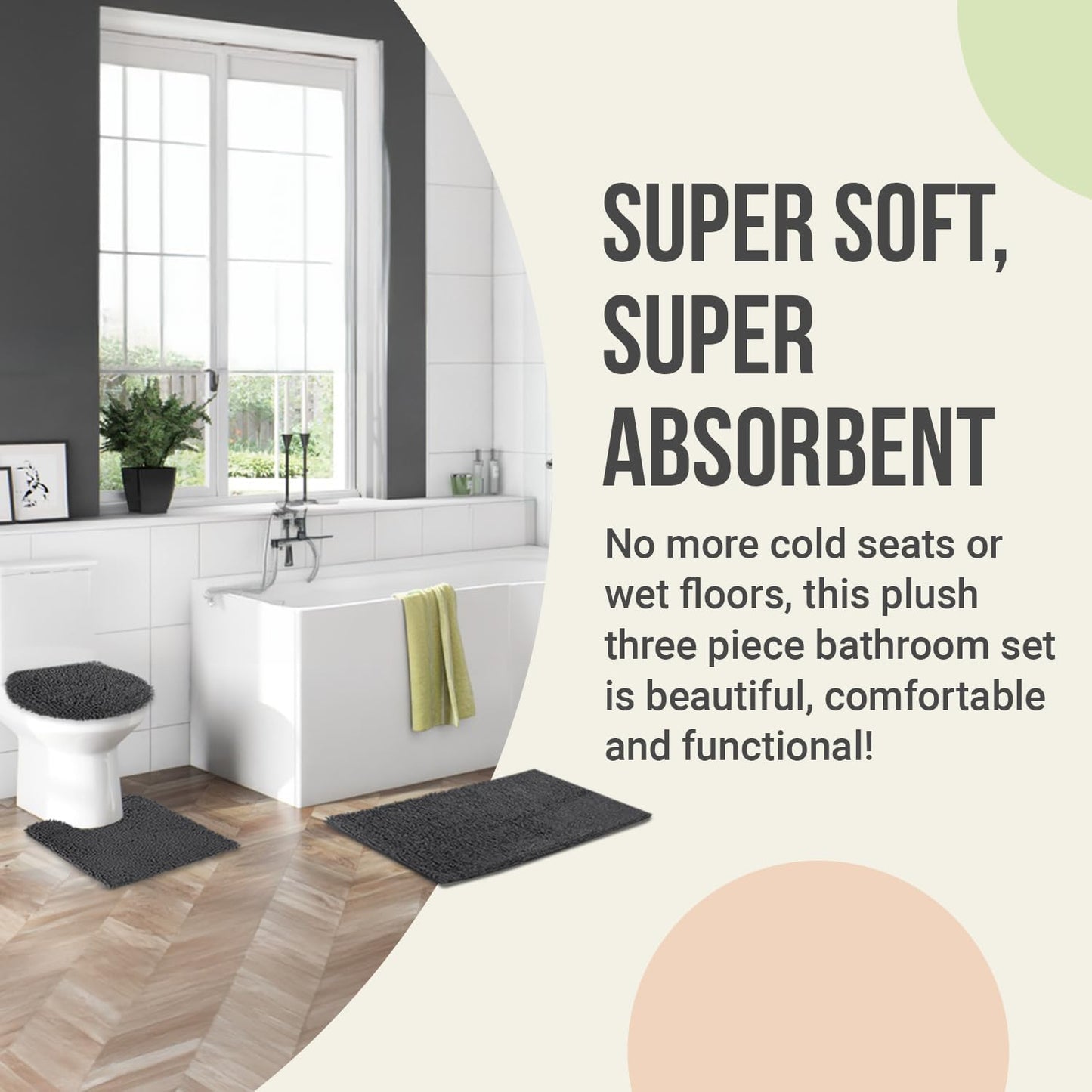 ITSOFT 3pc Non-Slip Shaggy Chenille Bathroom Mat Set, Includes 24 x 21 Inches U-Shaped Contour Toilet Rug, 34 x 21 Inches Bathmat and 1 Toilet Lid Cover, Beige