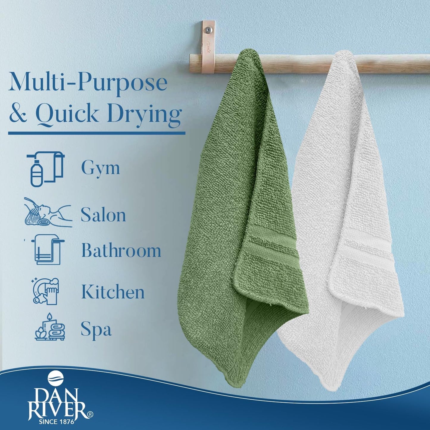 DAN RIVER 100% Cotton Washcloths 20 Pack Premium Quality Face and Body Cloth, Quick Dry Essential Towels for Bathroom, Hand, Kitchen & Cleaning, Baby Rugs | 11X11 in | 400 GSM | Sage Green+White