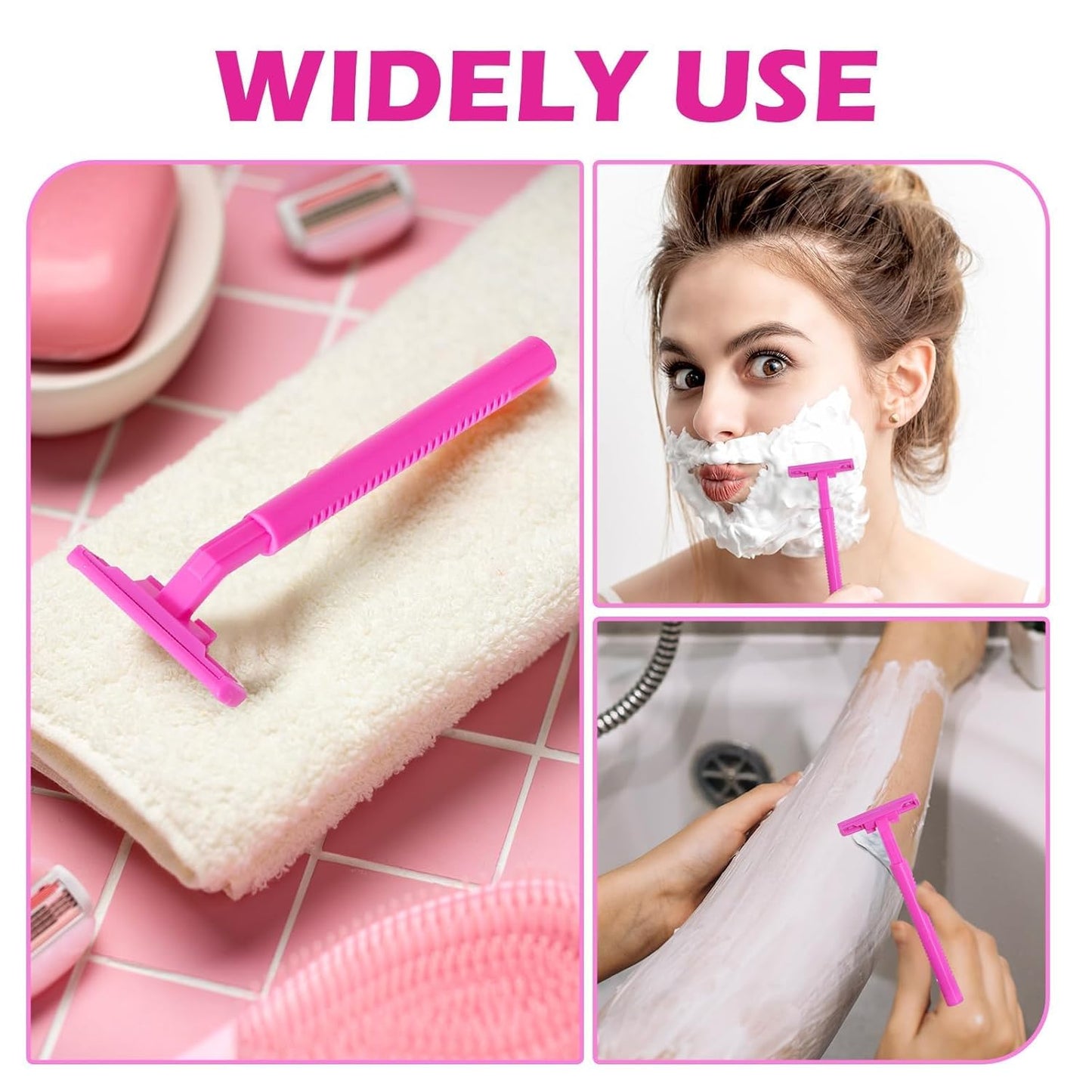 120 Pack Disposable Twin Blade Razors Individually Wrapped, Clear Safety Cap, Multipurpose Portable Shave Razor for Man Woman Bathing Hotel Travel (Pink)