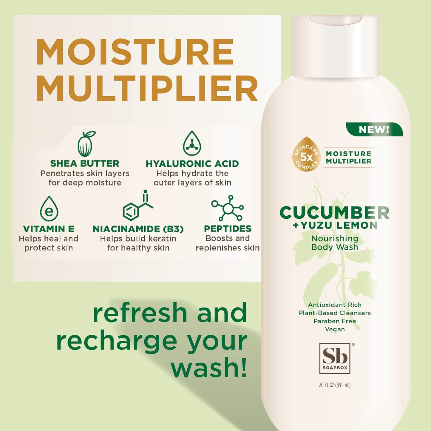 Soapbox Cucumber + Yuzu Lemon Body Wash for Women, Men, Vegan + Antioxidant Rich, Soothing, Moisturizing Soap with Shea Butter, Peptides & Keratin Promoting B3, 3 Pack, 20oz Each