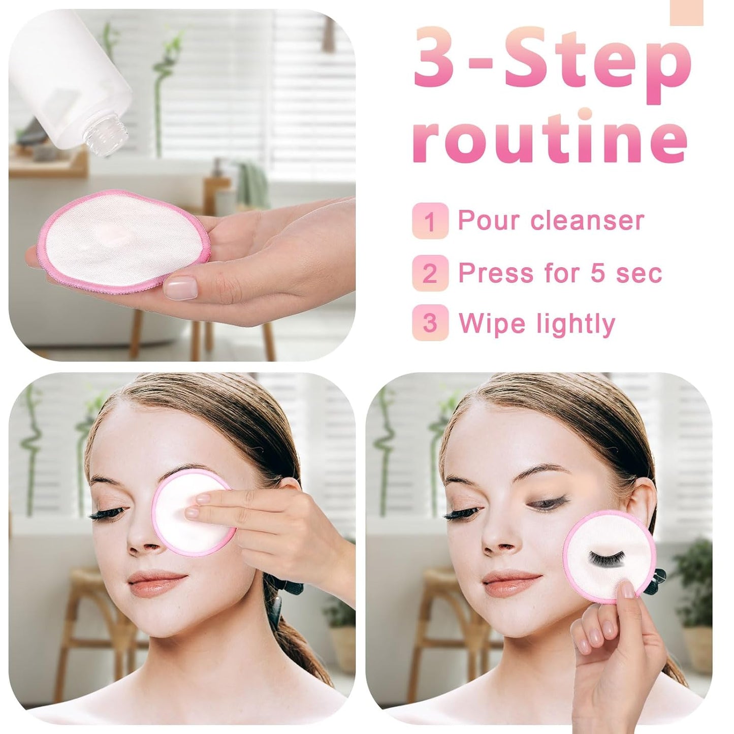 Foaincore 40 Pcs Reusable Makeup Remover Pads with Mesh Laundry Bag Washable Bamboo Cotton Rounds Soft Reusable Face Pad for Toner Skin Types with Bamboo Holder(White Pink)