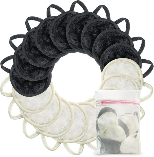 Nugilla 18 Packs Reusable Makeup Remover Pads with a Washable Laundry Bag, Resuable Microfiber Round Towel Skin Face Towels, Soft Makeup Remover Cloth, Fast Drying Washcloth (Grey/White)