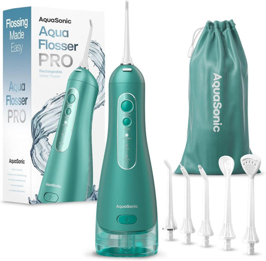 AquaSonic Aqua Flosser PRO - Rechargeable Cordless Water Flosser for Teeth, Gums & Tongue - Modern Design, 300ml Large Tank, 6 Jet Tips with Deluxe Tongue Nozzle, 3 Modes, Waterproof Mint Green