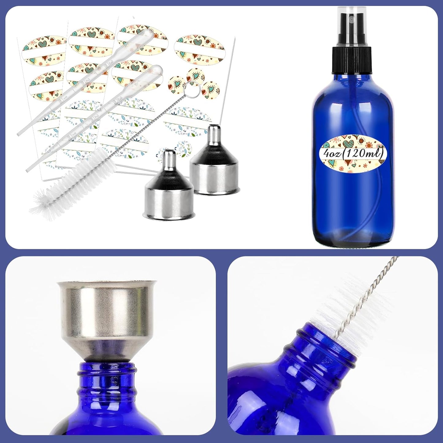 CycleMore 25 Pack 4oz Blue Glass Spray Bottles with Fine Mist Sprayers, Glass Travel Bottles for Cosmetic Essential Oils Cleaning Solutions Perfumes & More Liquids (1 Brush, 2 Funnels and 36 Labels)