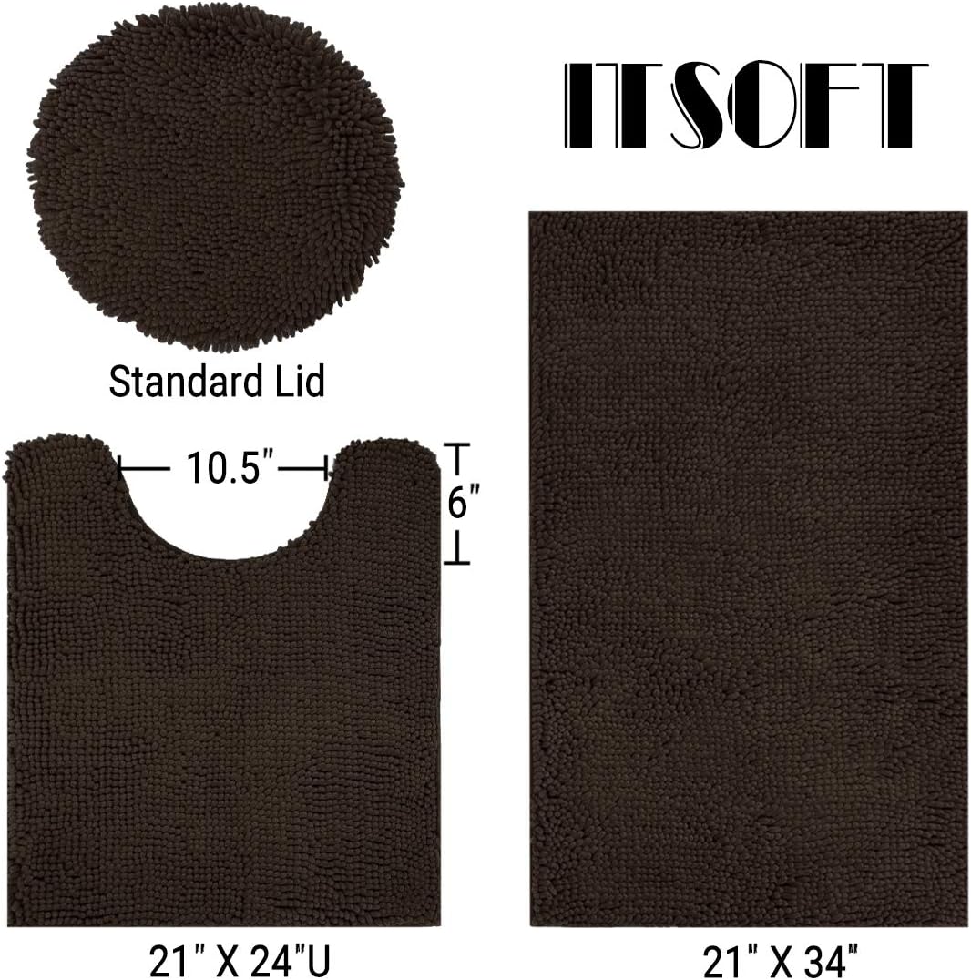 ITSOFT 3pc Non-Slip Shaggy Chenille Bathroom Mat Set, Includes 24 x 21 Inches U-Shaped Contour Toilet Rug, 34 x 21 Inches Bathmat and 1 Toilet Lid Cover, Chocolate Brown