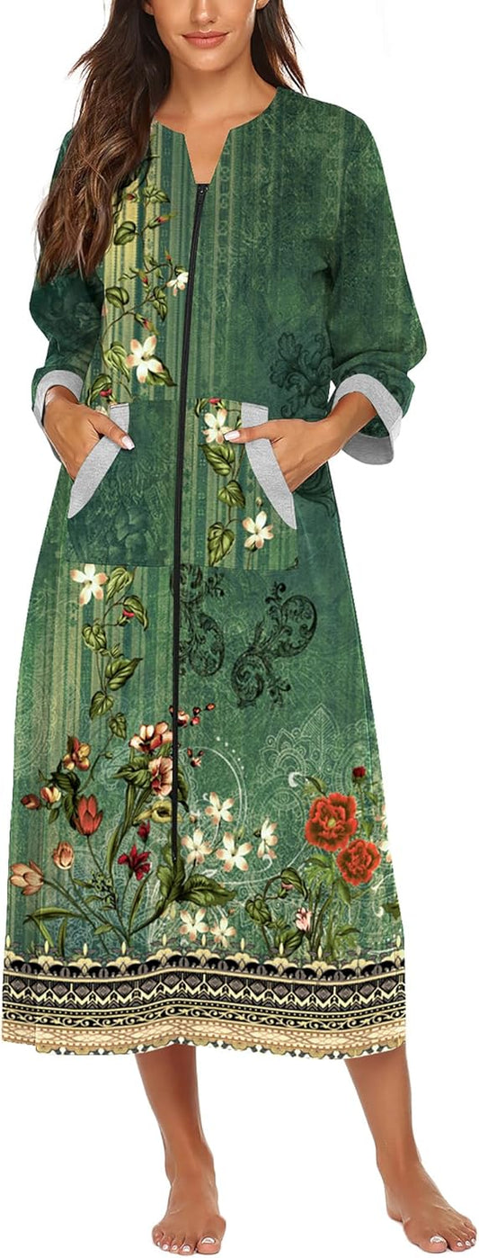Ekouaer Women Zipper Robe 3/4 Sleeves Loungewear Dress Full Length Sleepwear Pockets Housecoat Nightgown Long Bathrobe