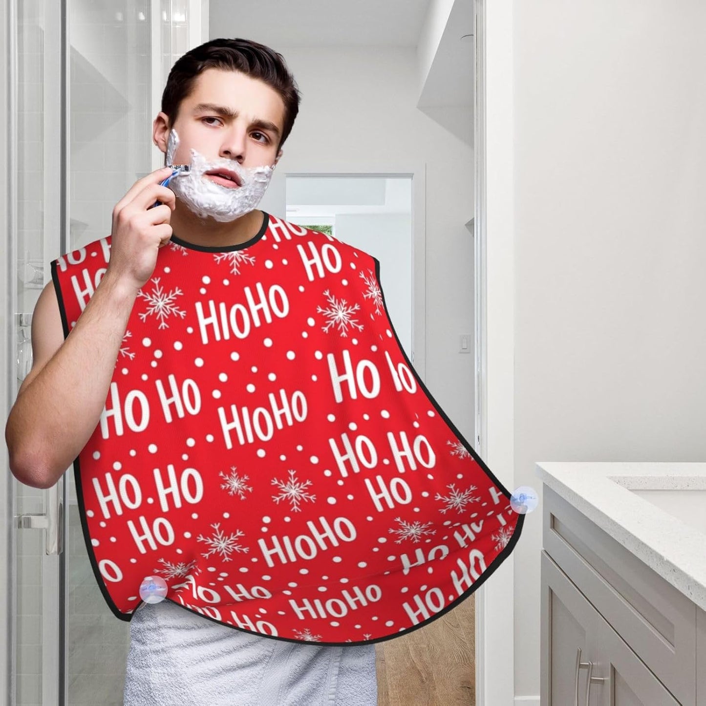 Stretchable Beard Cape, Non-Stick Hair Catcher for Trimming, Waterproof Grooming Apron, Santa Claus Laugh Snowflake Christmas Red