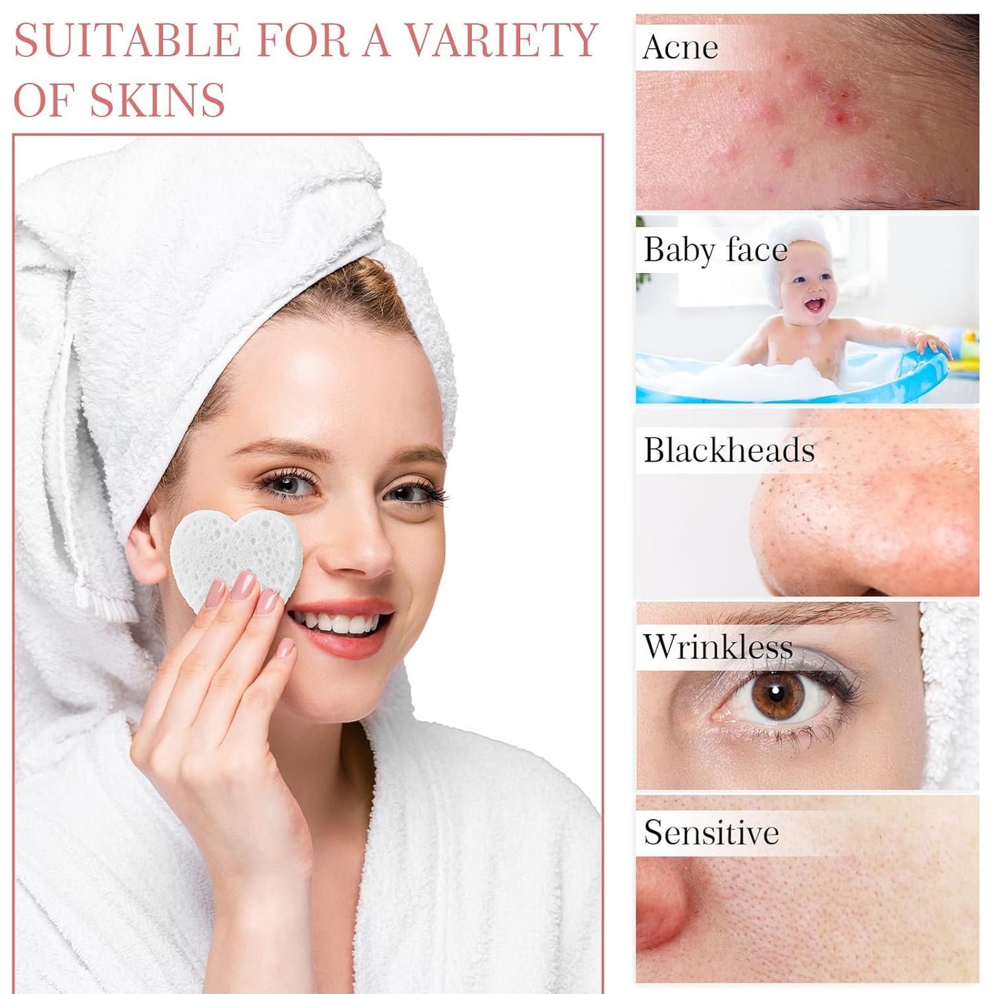 Sieral 120 Pcs Compressed Facial Sponges with Container Disposable Face Sponge Pads for Washing Face Cleansing Exfoliating Esthetician Makeup Removal(Heart,White, Pink)